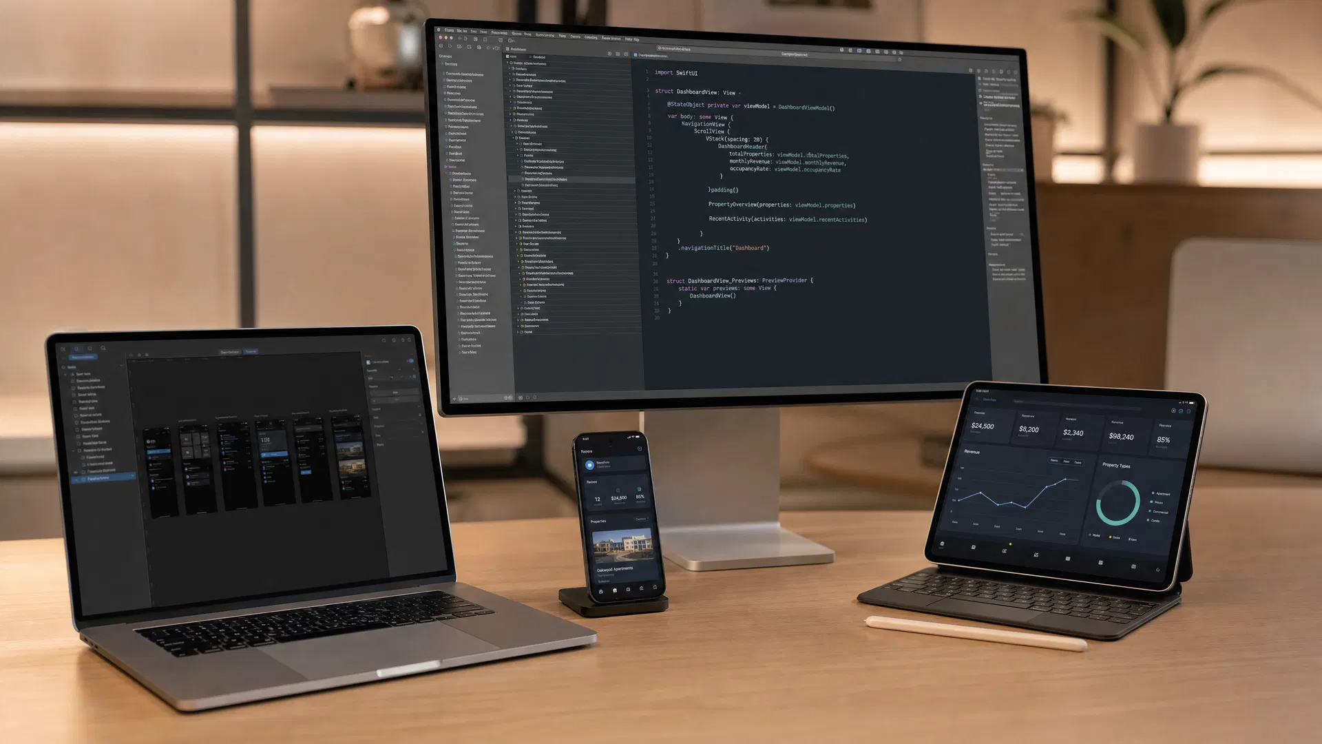 iOS development workspace with Xcode, Swift code, iPhone and iPad