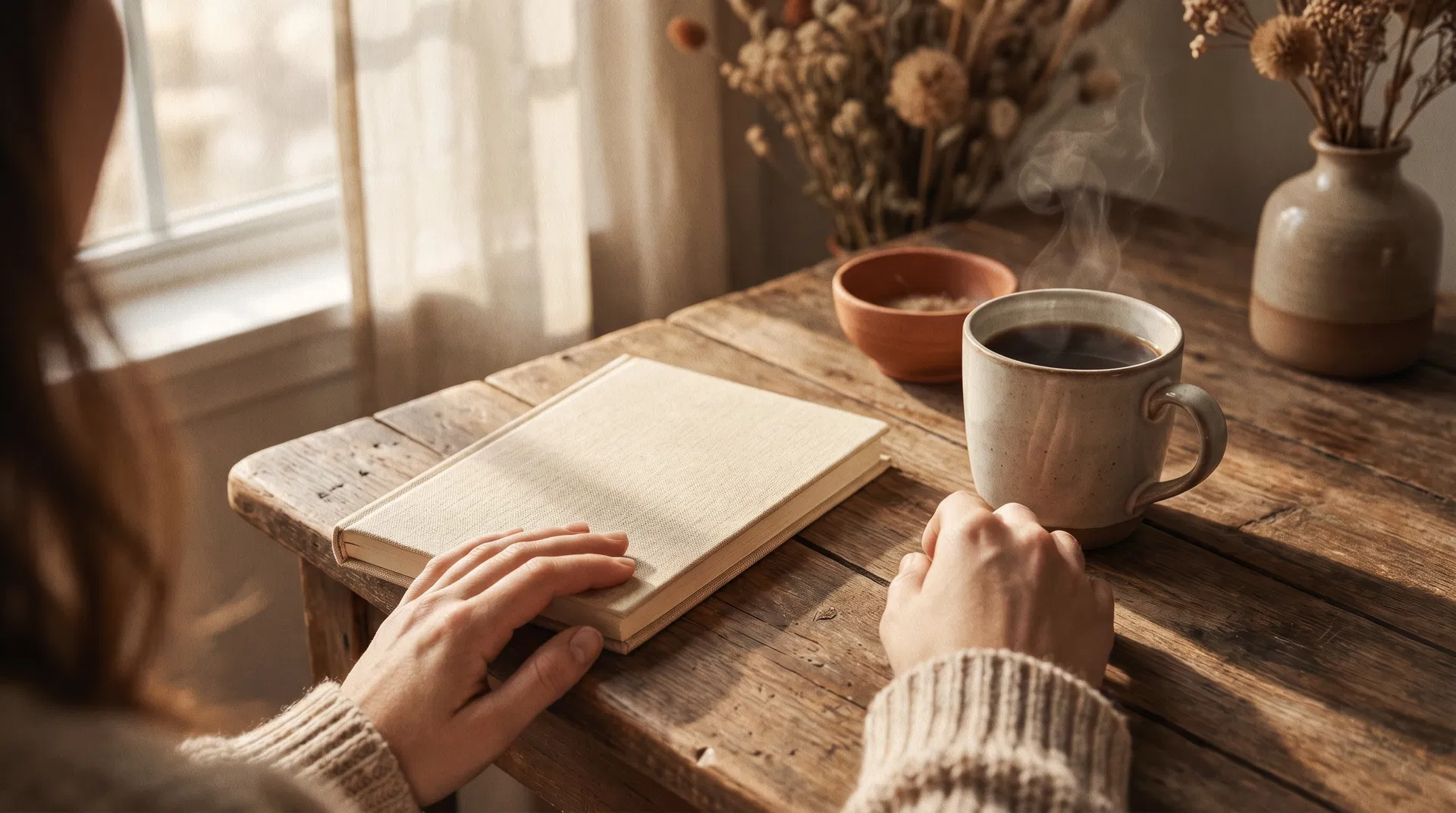 Woman's hands resting on a notebook with morning tea — contemplating a new relationship with technology