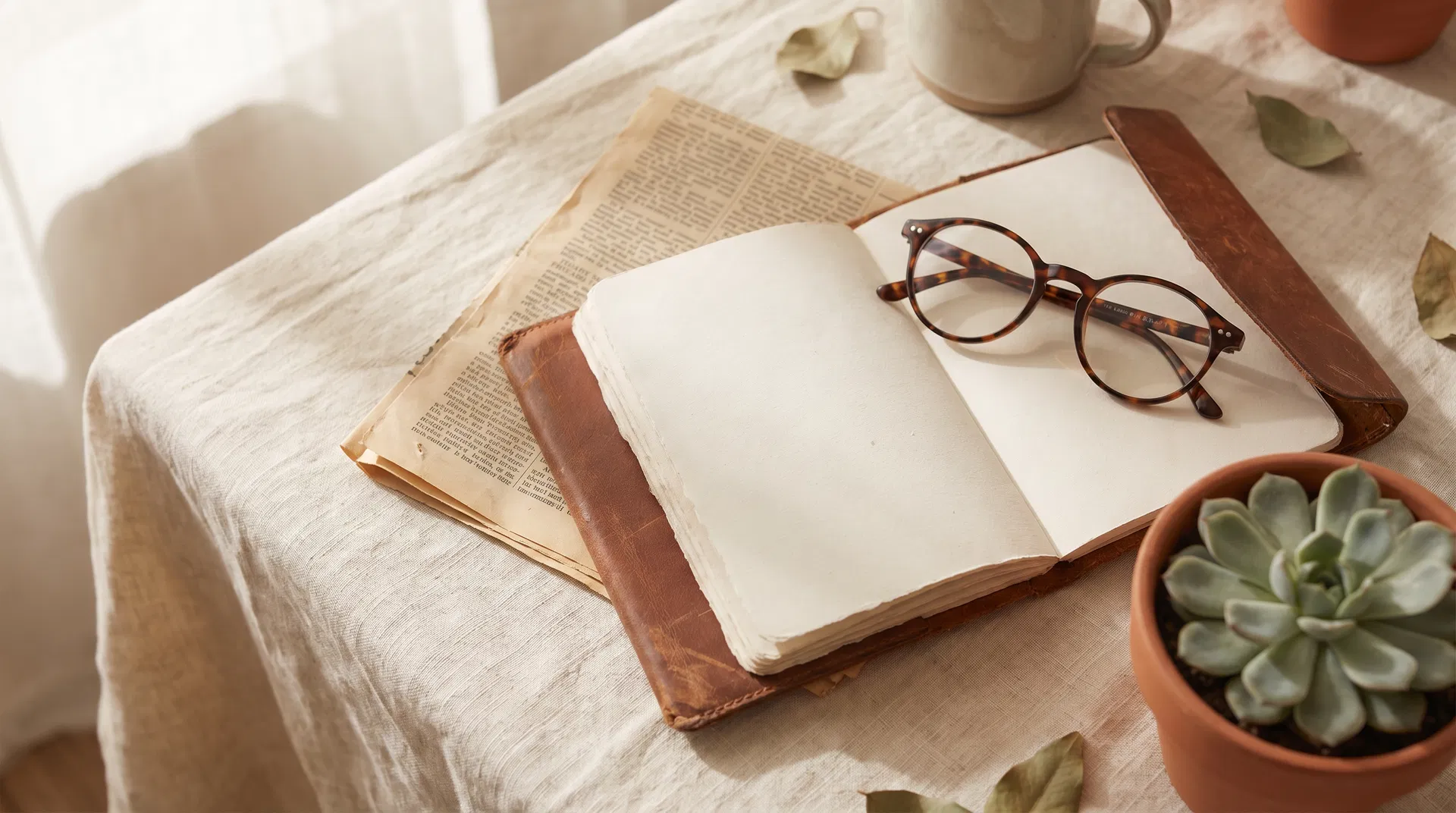 Leather journal, vintage newspaper clipping, and reading glasses on cream linen — reclaiming the narrative about women and technology