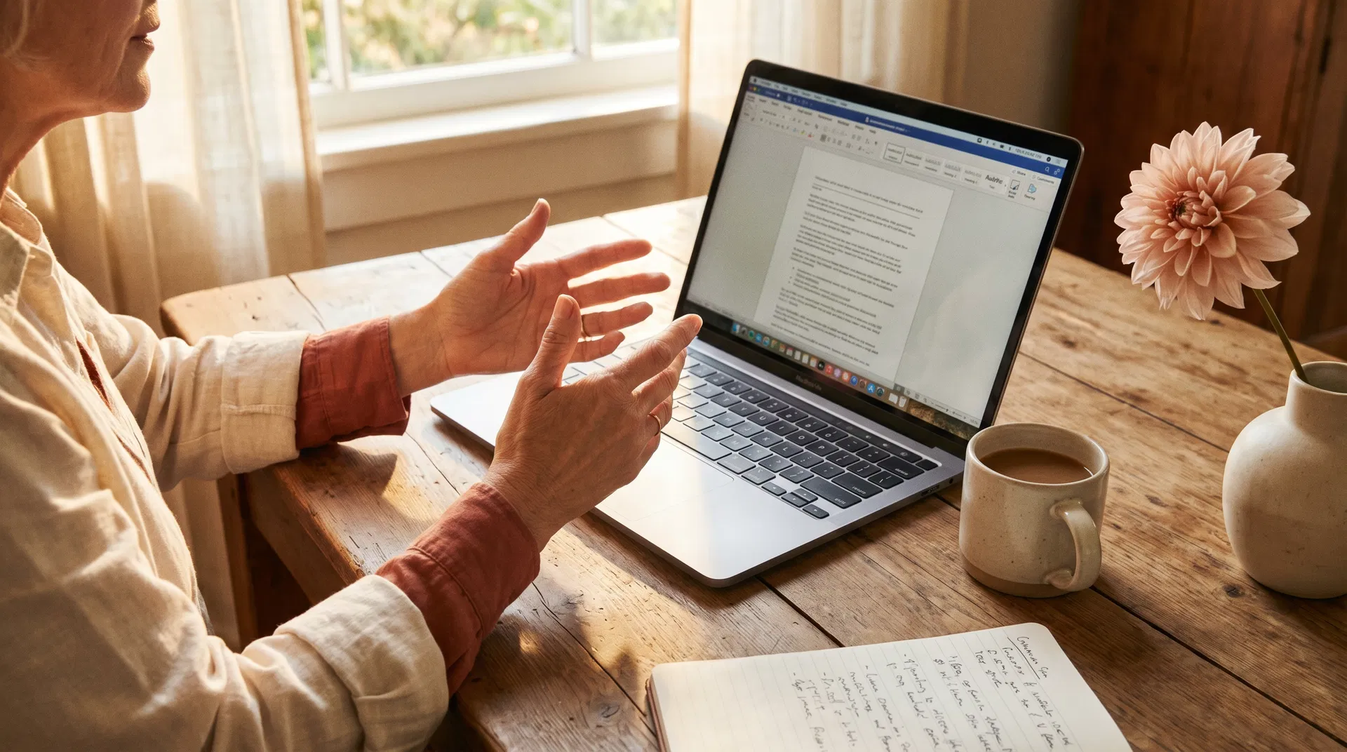 Woman's hands in mid-gesture beside an open laptop — the confidence and clarity of decades of experience