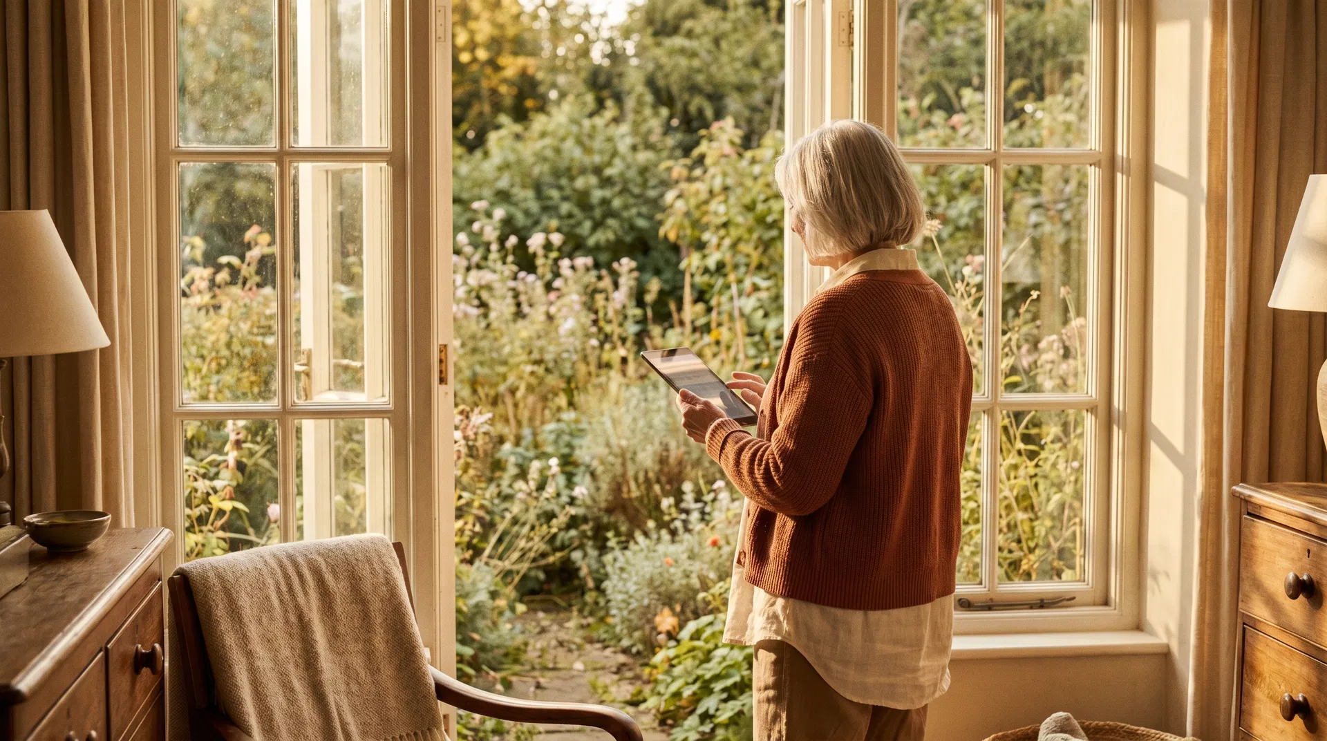 Confident silver-haired woman standing at a window overlooking a garden, holding a tablet — the altitude that comes with decades of experience