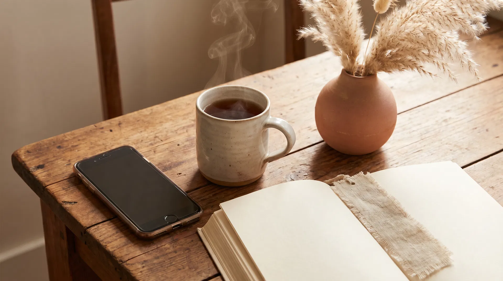 Smartphone set face-down on a wooden table beside steaming tea and an open book — choosing presence over reactivity