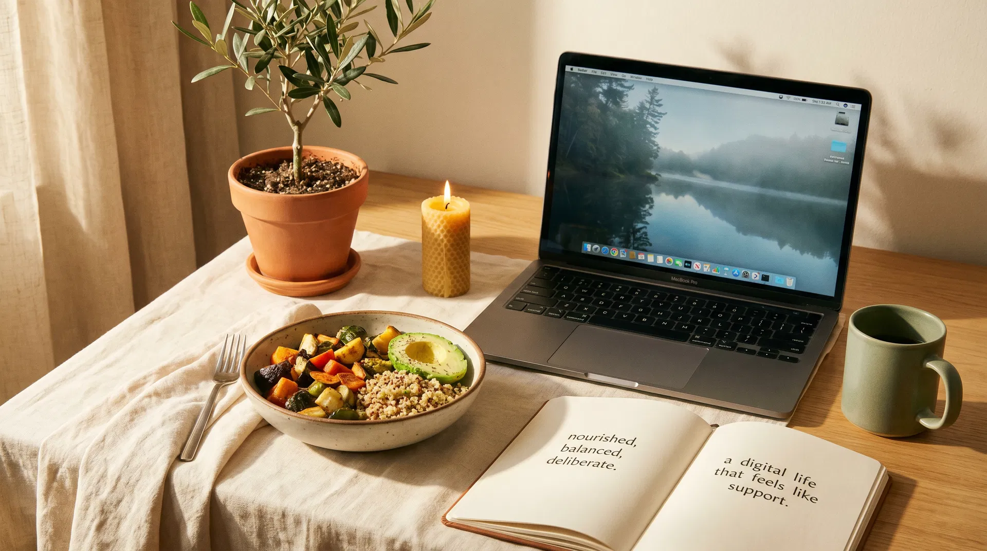 Nourishing desk scene: a bowl of food, laptop, plant, journal, and candle — a digital life that feels like support