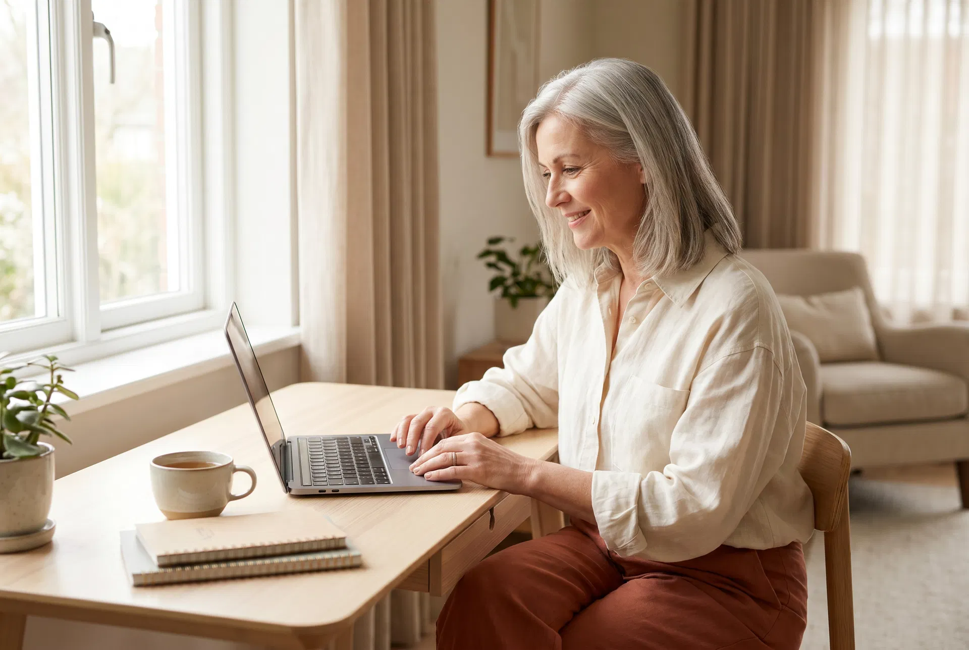 Confident woman in her late 50s smiling at her laptop — using AI with curiosity and ease
