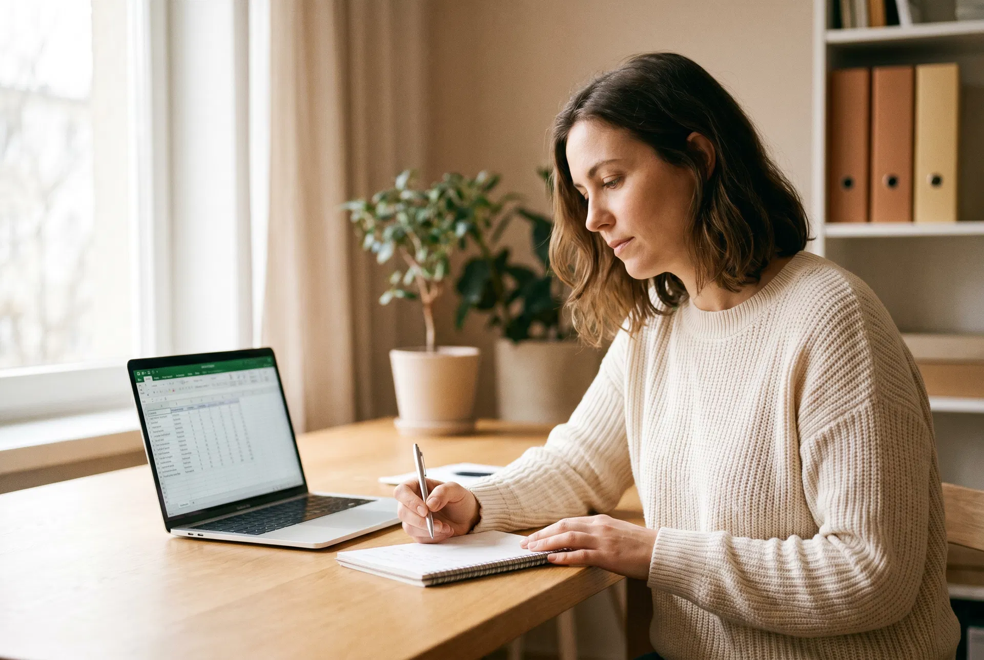 Woman at desk validating business offer with AI