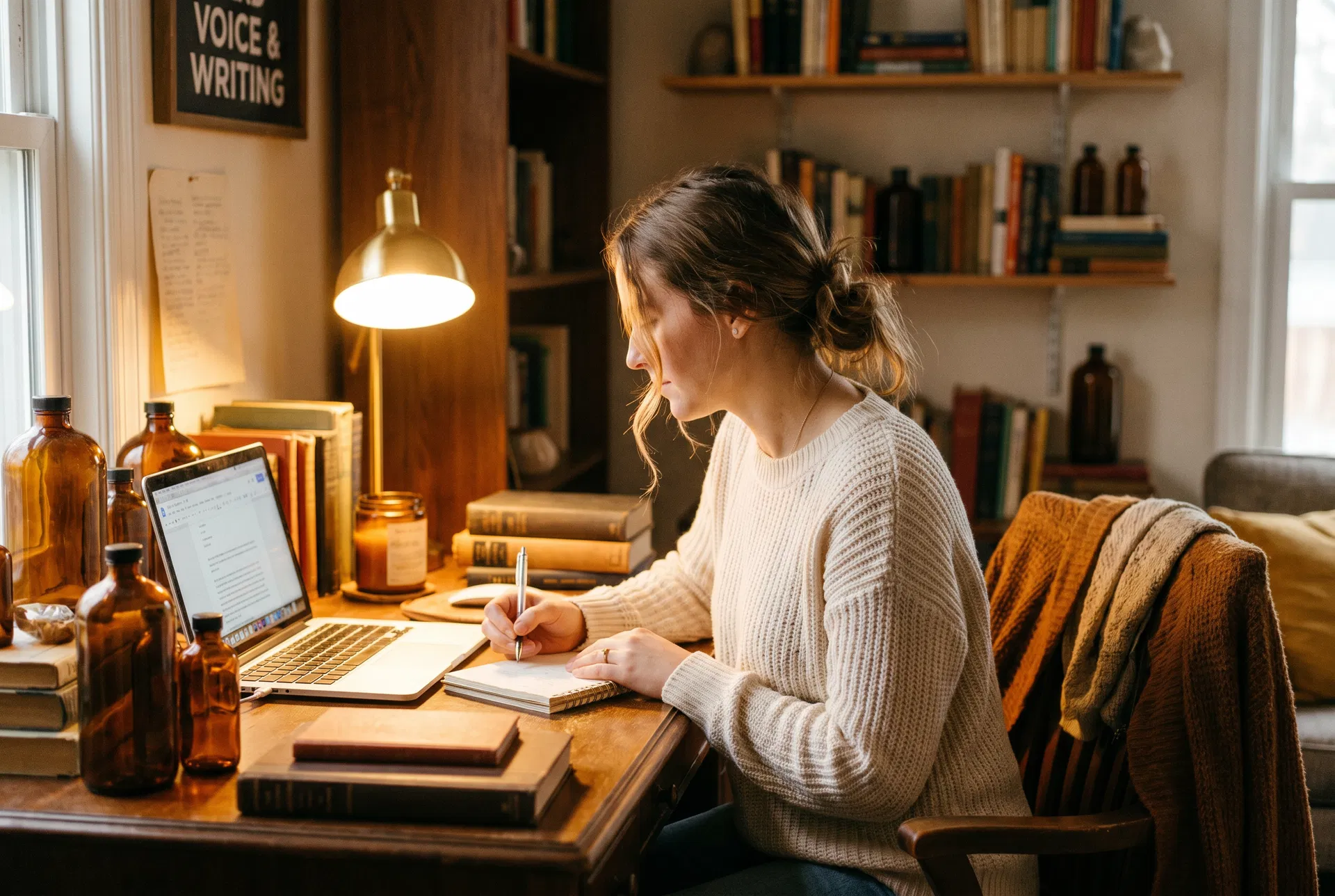 Woman writing in journal with laptop nearby