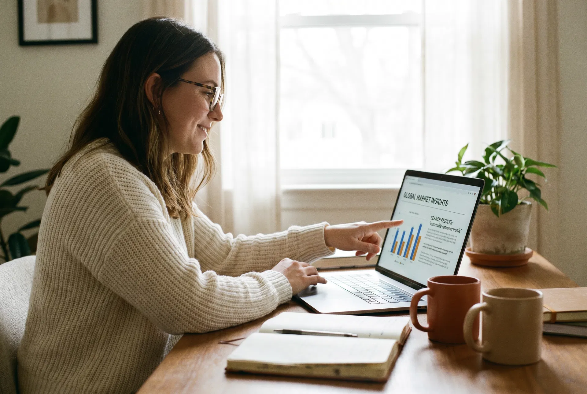 Woman reviewing market research data on laptop