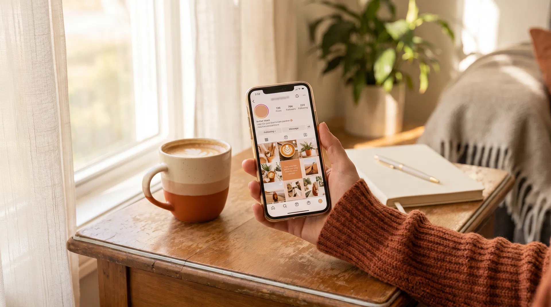Woman holding phone showing Instagram feed, latte and notebook on desk