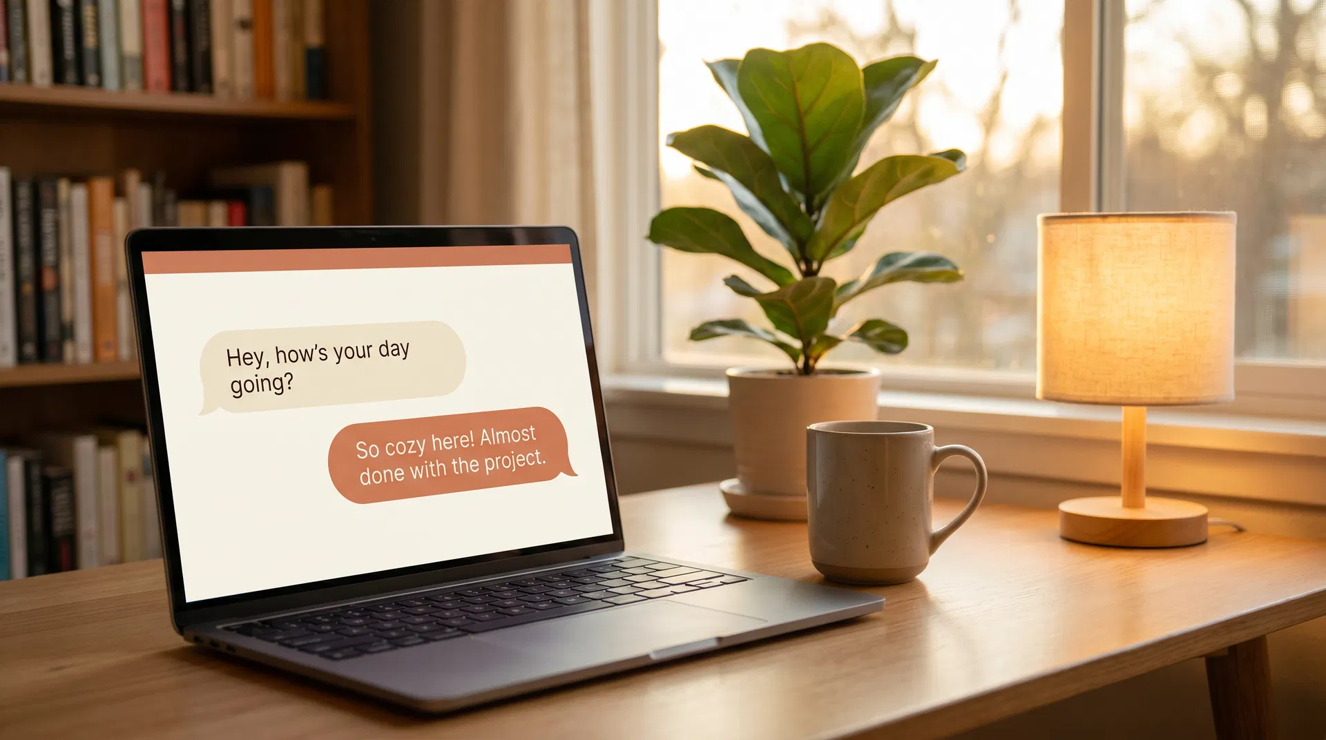 Laptop showing friendly chat interface on a warm home office desk