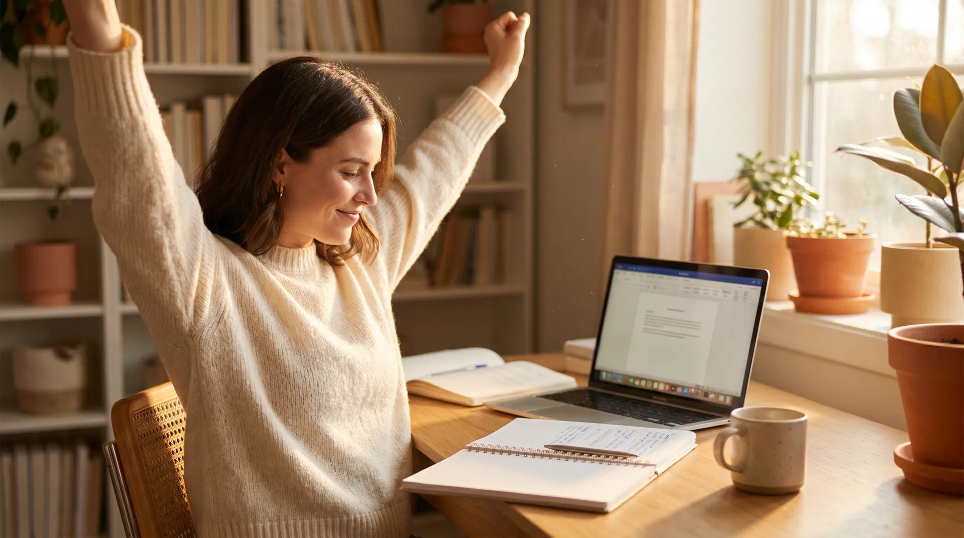 Woman at desk with arms raised in celebration, laptop and notebook in front of her