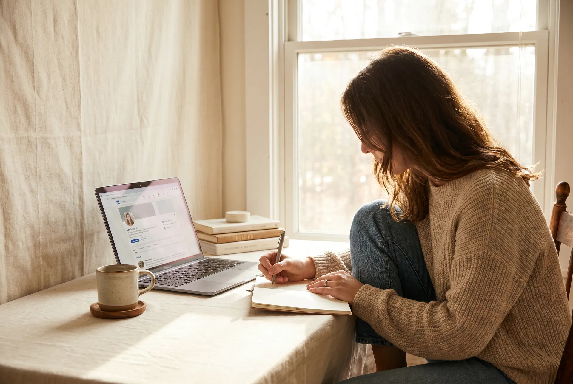 Woman writing in a notebook beside an open laptop showing LinkedIn