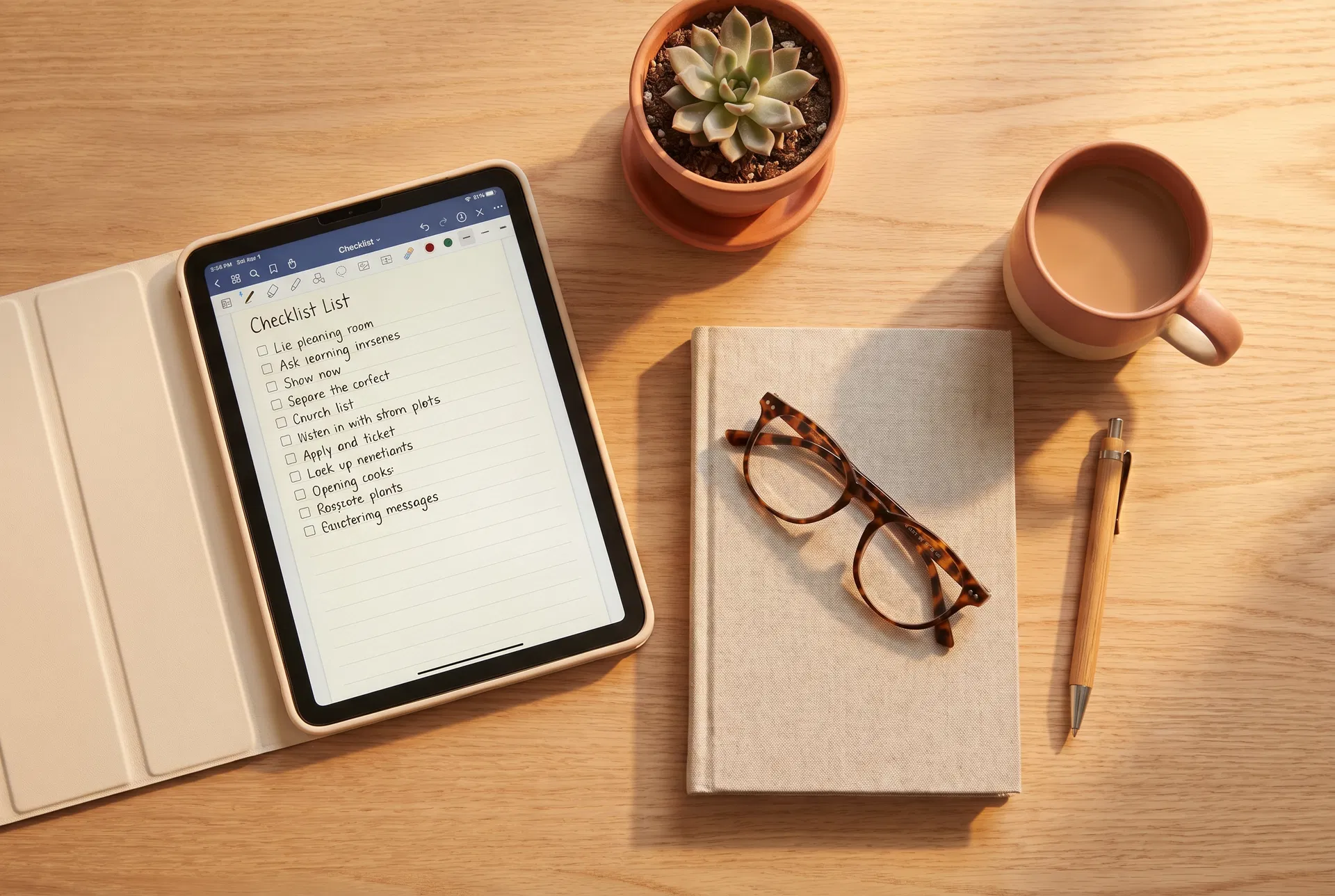Organized desk with tablet showing a checklist, reading glasses and coffee