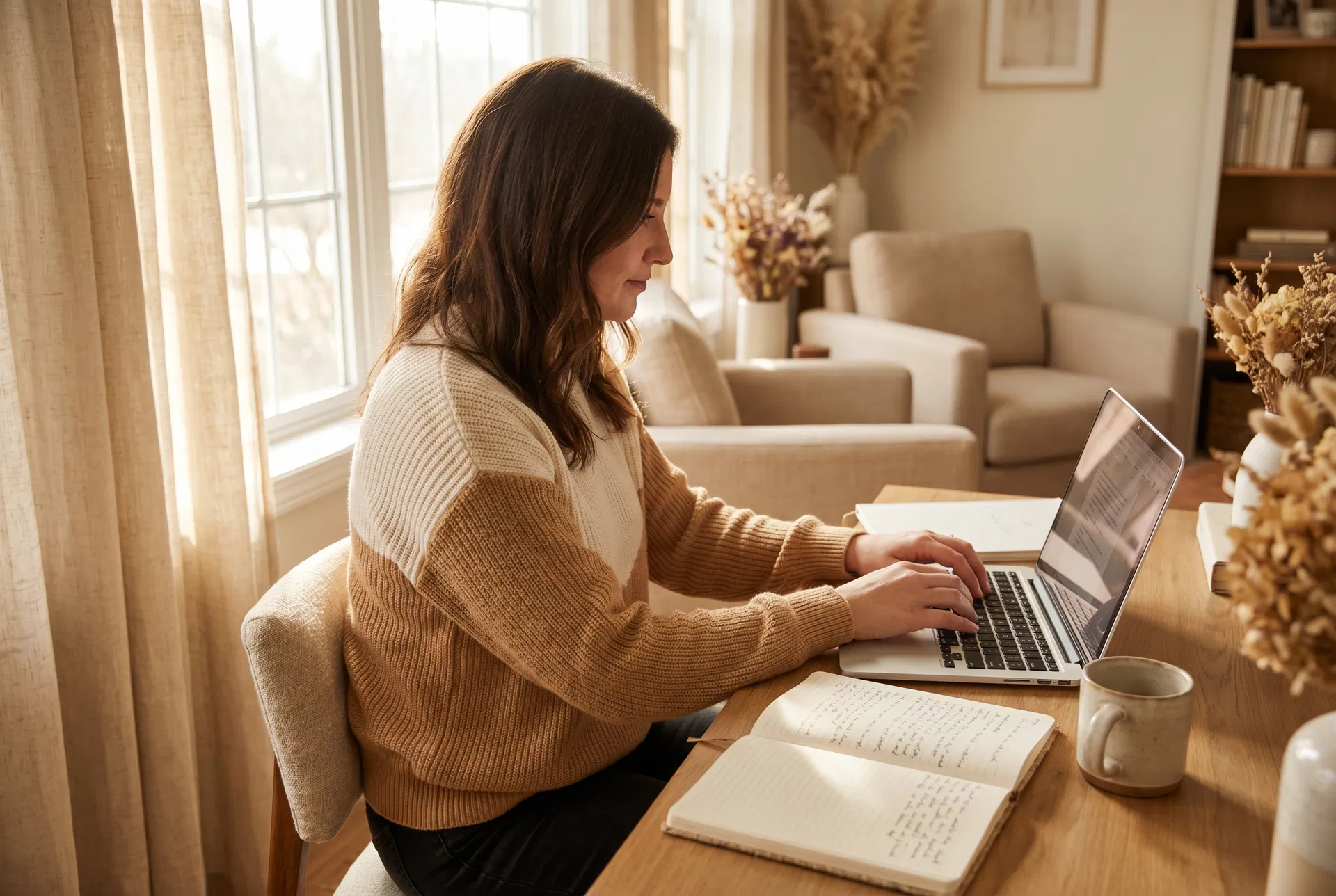Woman writing at a laptop with an open notebook, warm natural light