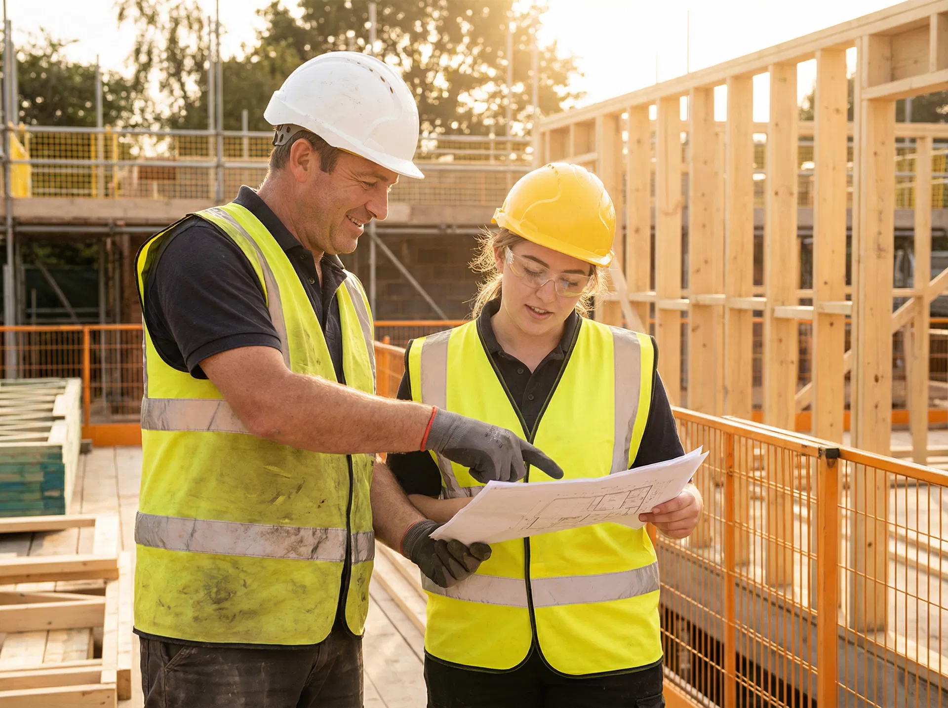 A senior tradesperson mentoring a young apprentice on a construction site