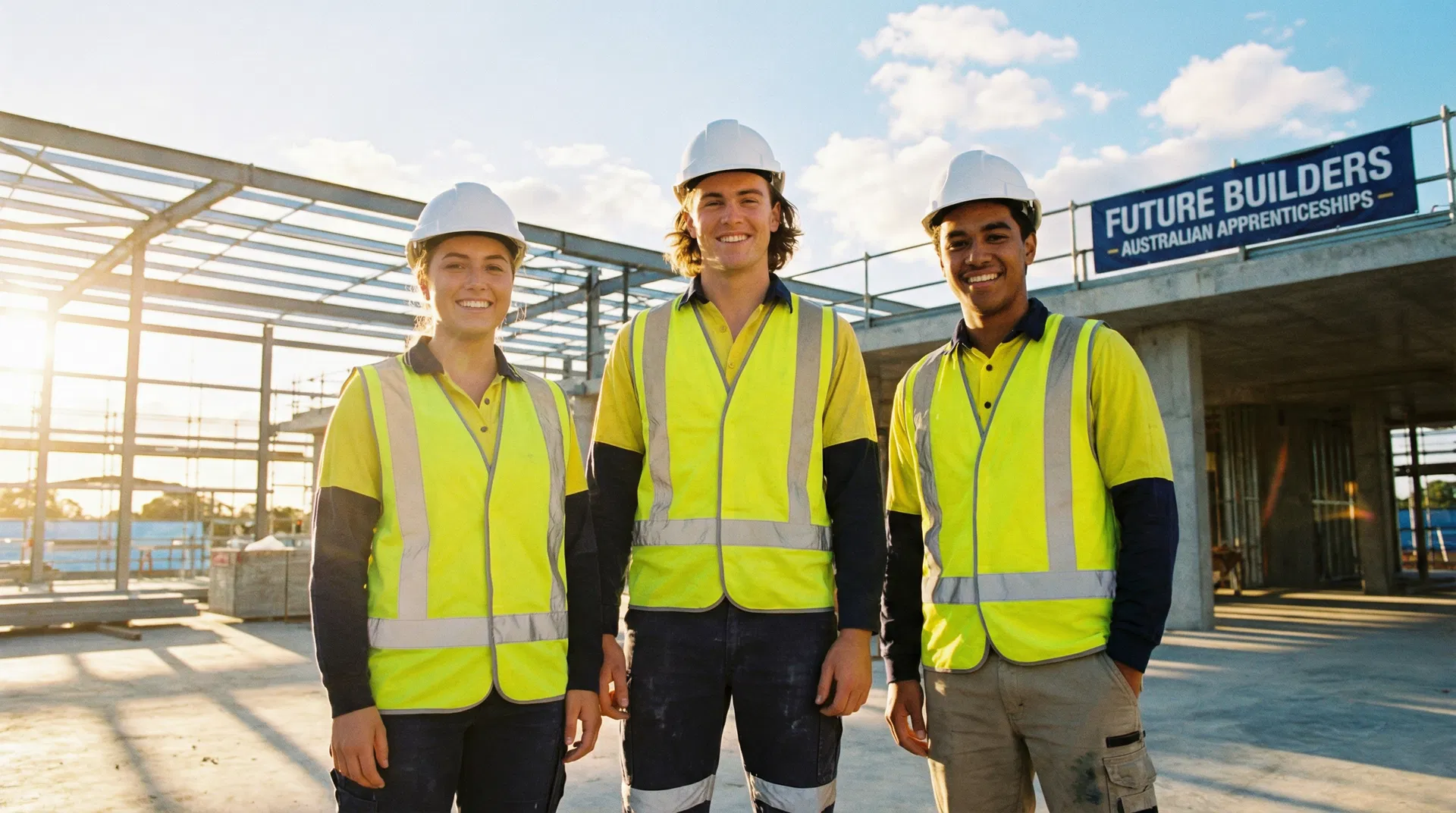 Young diverse Australian trade apprentices on a modern construction site
