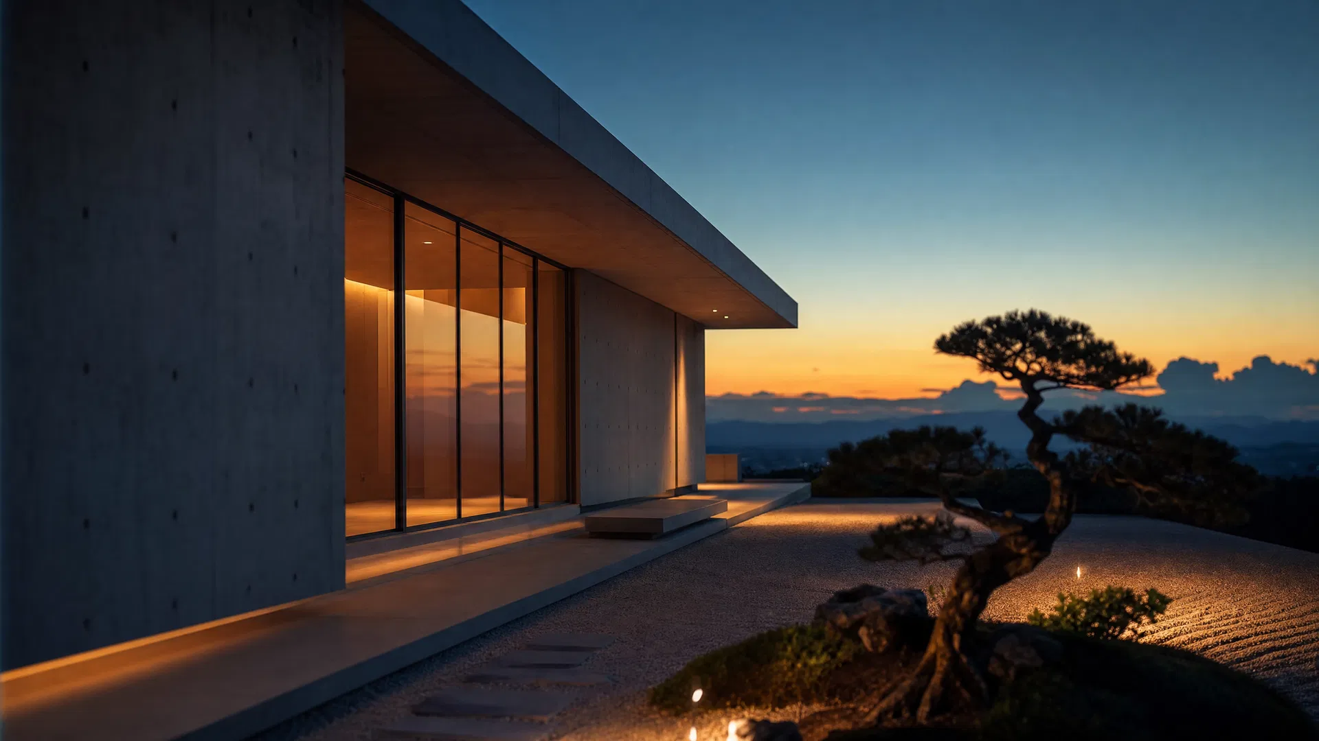 Modern Japanese architecture at twilight
