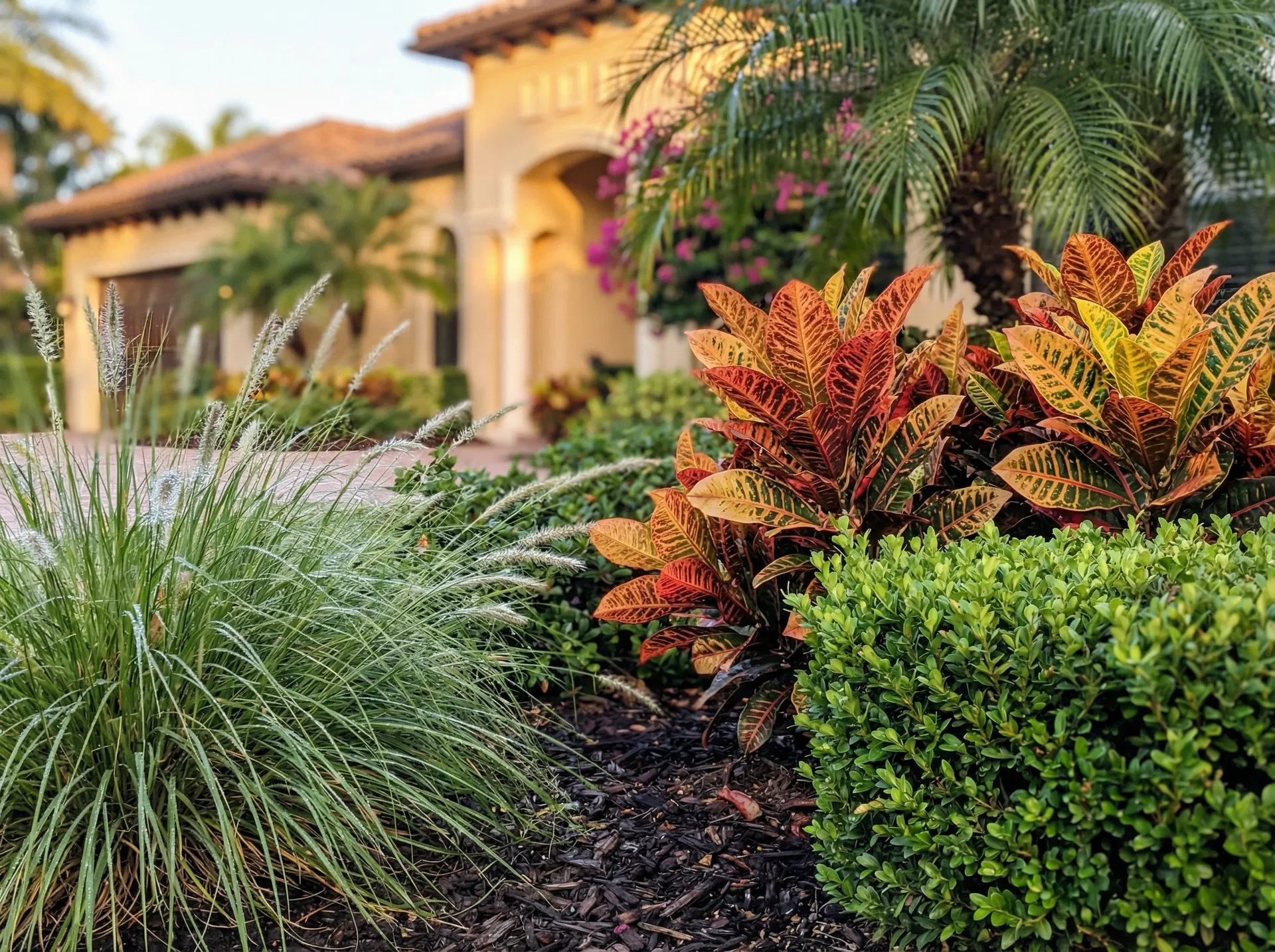 Lush tropical garden bed with ornamental plants at a Central Florida luxury property