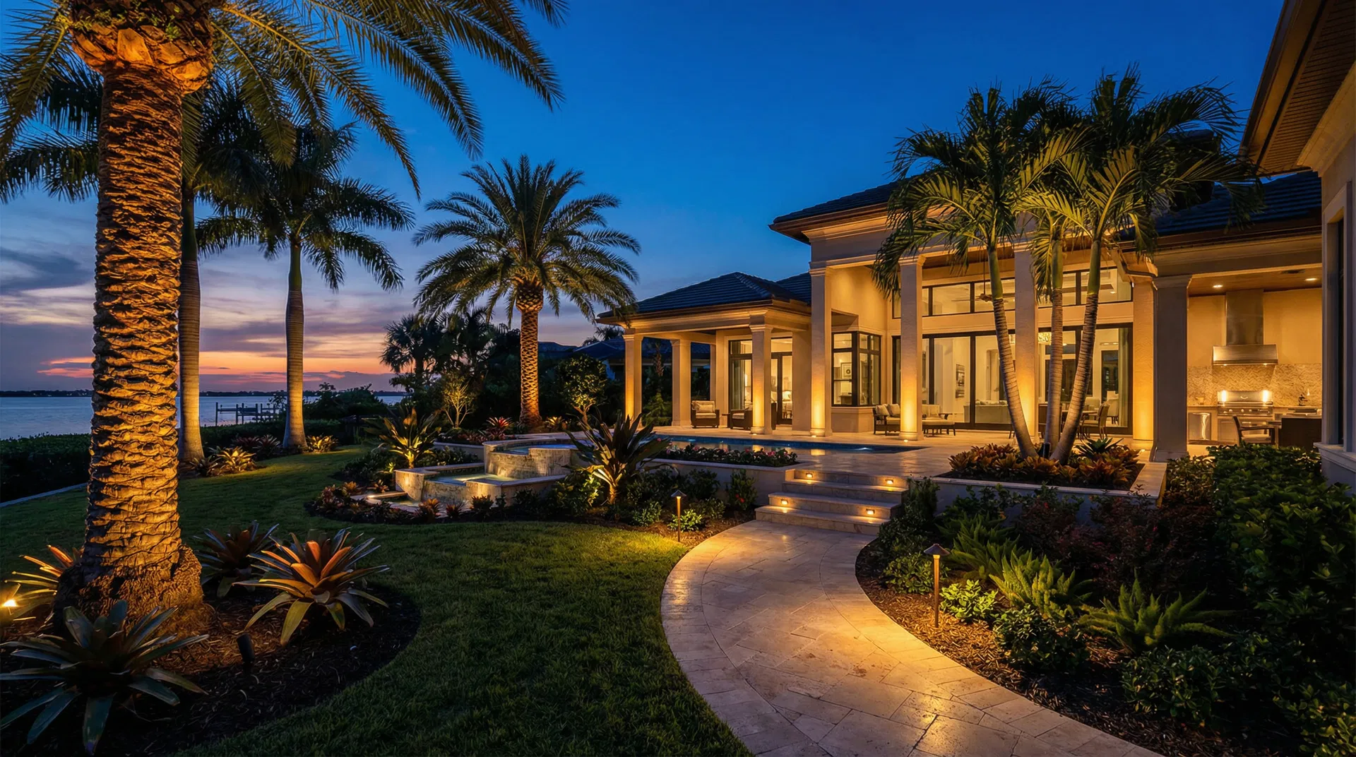 Luxury Florida home with professional landscape lighting at twilight
