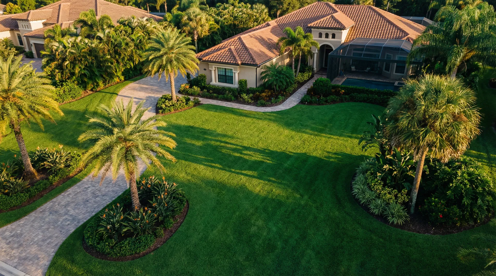 Beautifully manicured luxury residential property in Central Florida with lush green lawn and tropical landscaping