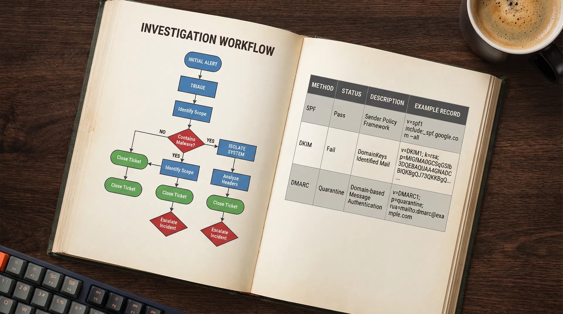 Sample pages from the Phishing Investigation Playbook showing workflow diagrams and authentication tables