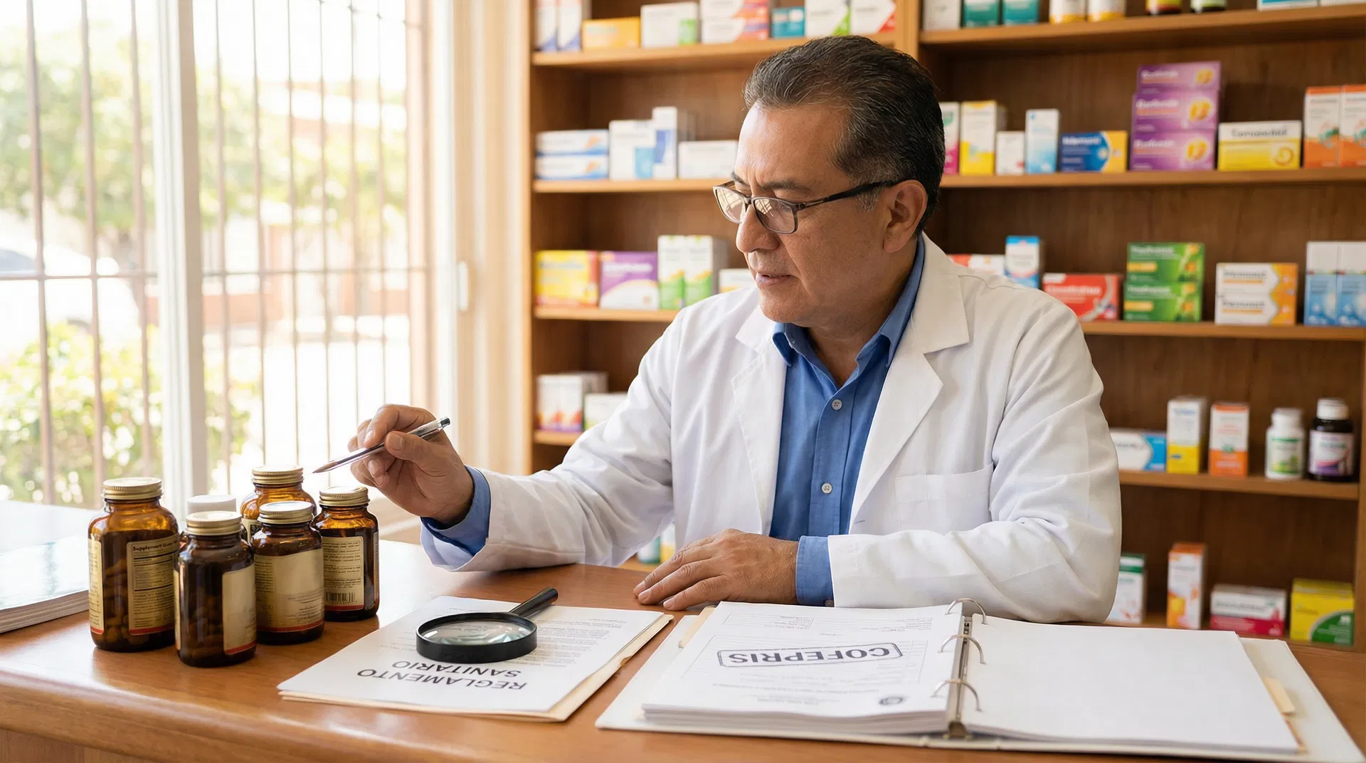 Farmacéutico revisando suplementos alimenticios con documentos de COFEPRIS