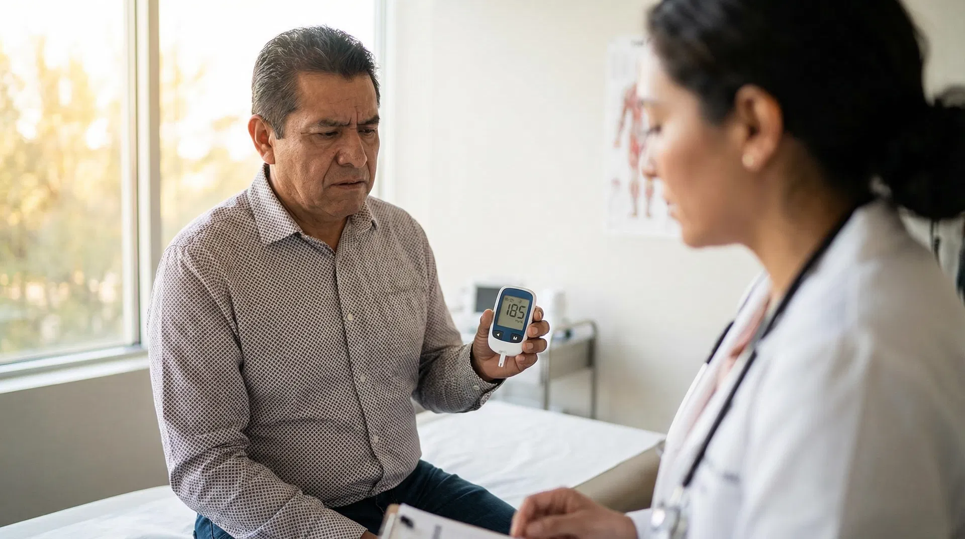 Hombre mexicano revisando glucómetro con médica — glucosa en ayunas alta