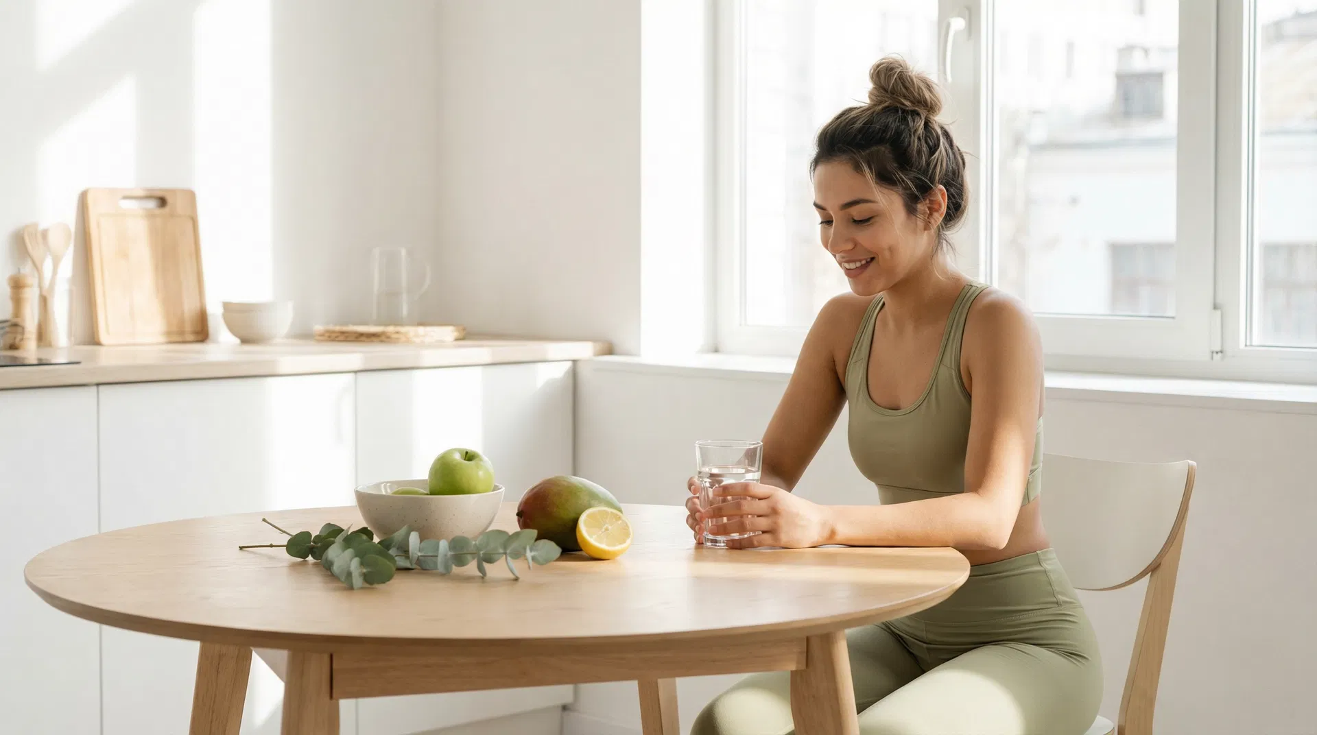 Mujer joven en cocina con frutas y agua — hábitos saludables para bajar de peso