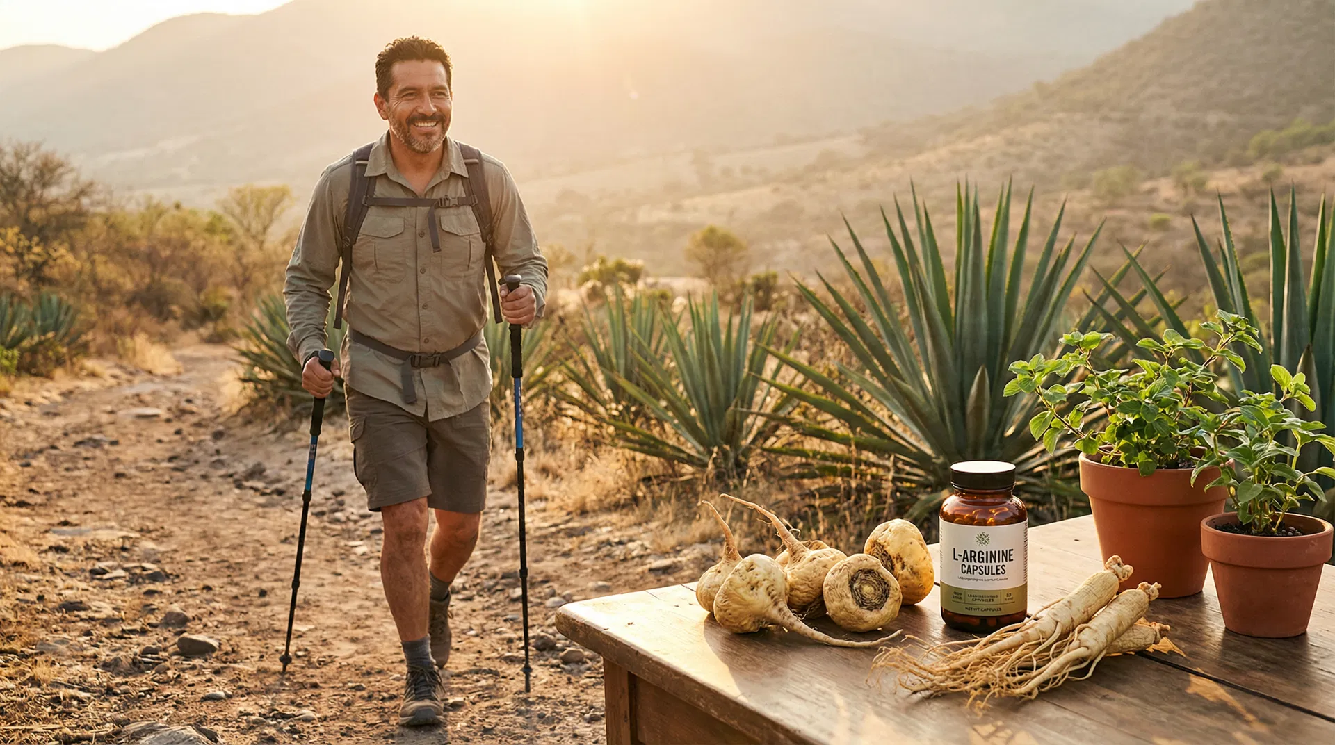 Hombre mexicano activo y saludable en la naturaleza con plantas medicinales para la vitalidad masculina