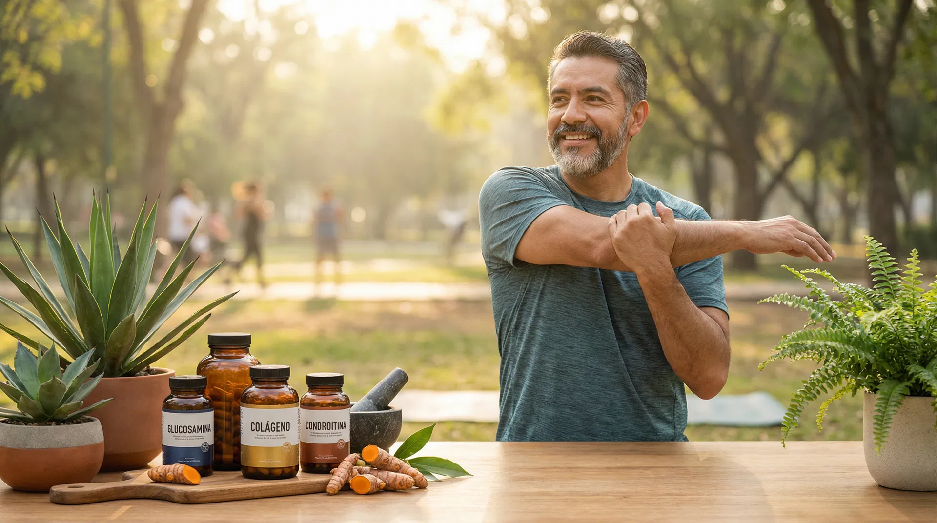 Hombre mexicano haciendo estiramientos en el parque rodeado de suplementos naturales para articulaciones