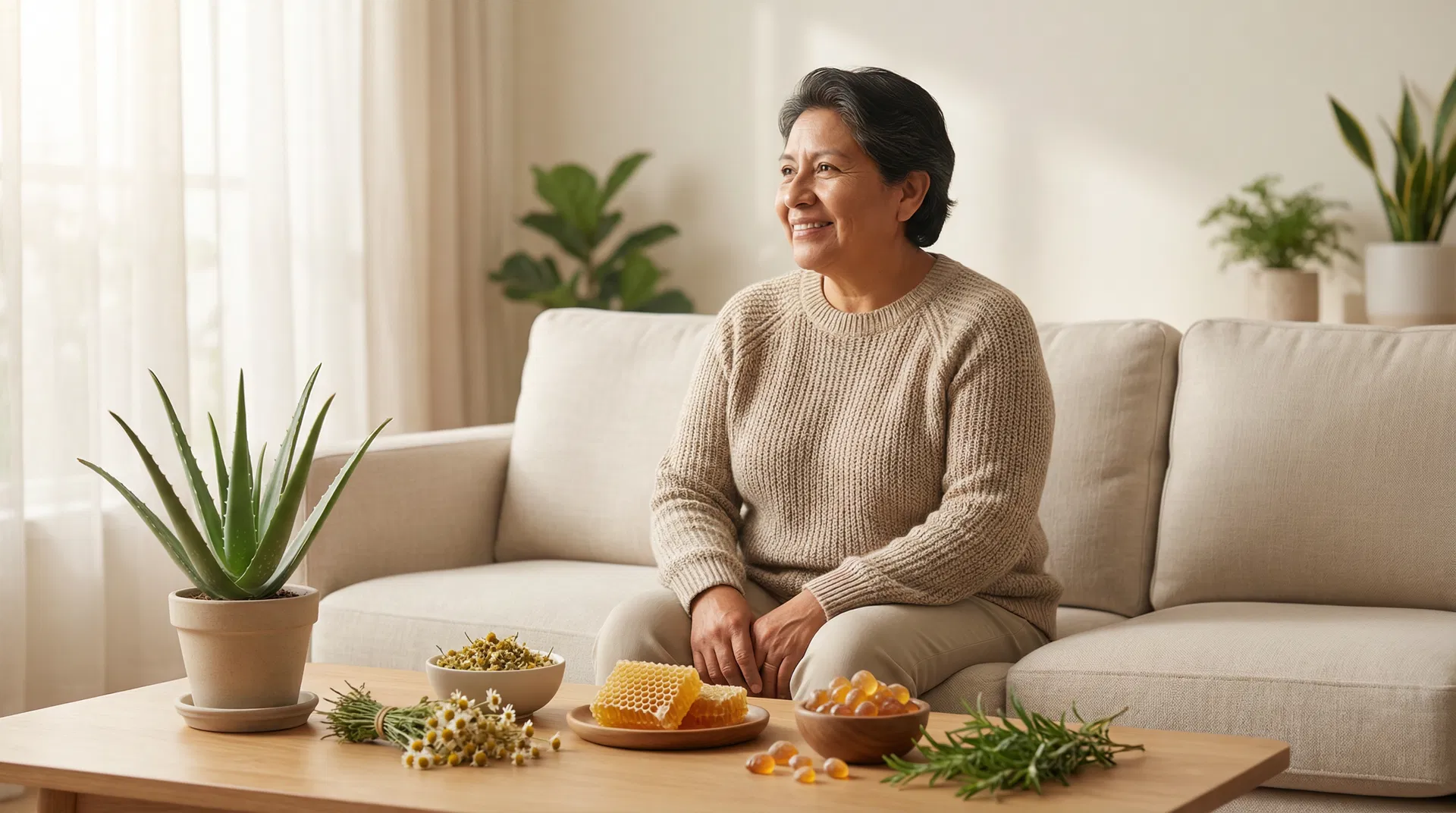 Persona aliviada rodeada de ingredientes naturales para el tratamiento de hemorroides