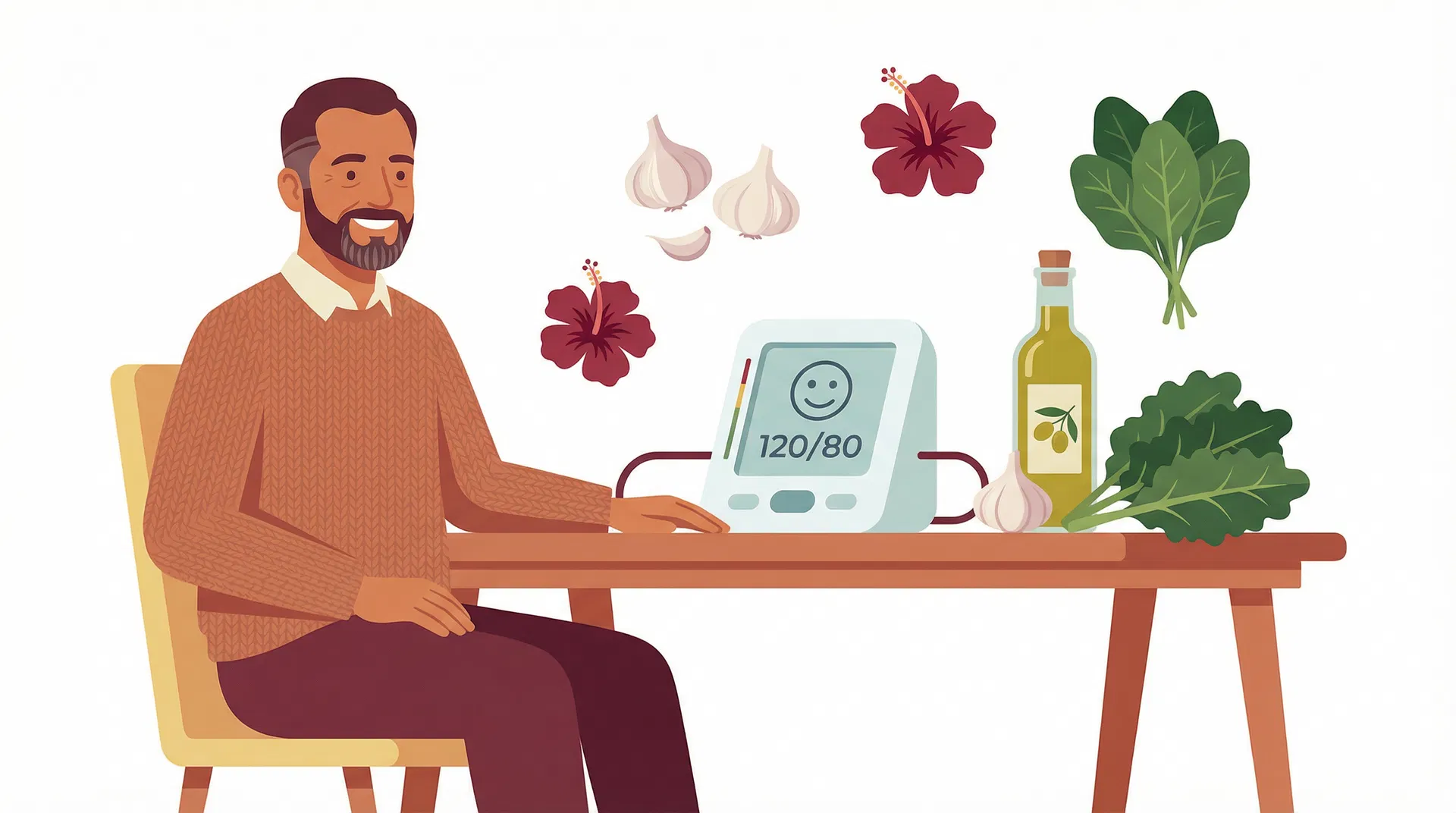 Hombre midiendo su presión arterial rodeado de ingredientes naturales para la hipertensión
