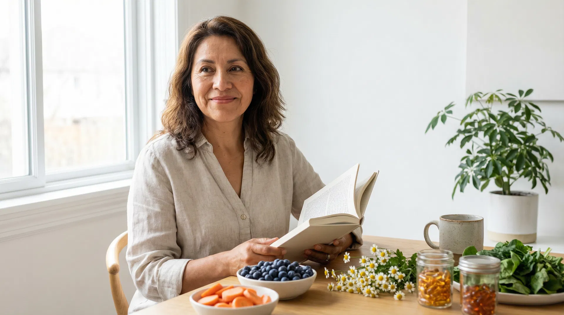 Mujer mexicana leyendo cómodamente con alimentos saludables para la vista: arándanos, zanahorias y suplementos oculares