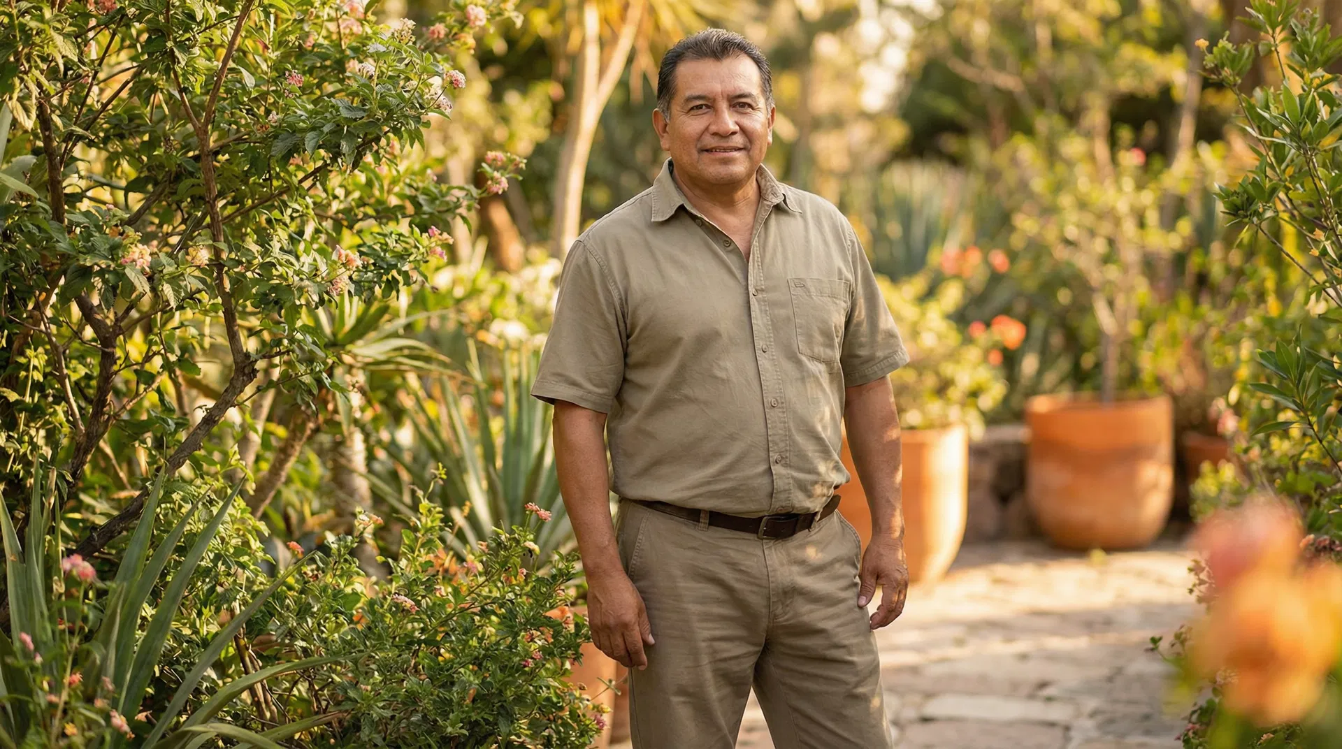 Hombre mexicano activo y saludable en jardín, representando recuperación de prostatitis con remedios naturales