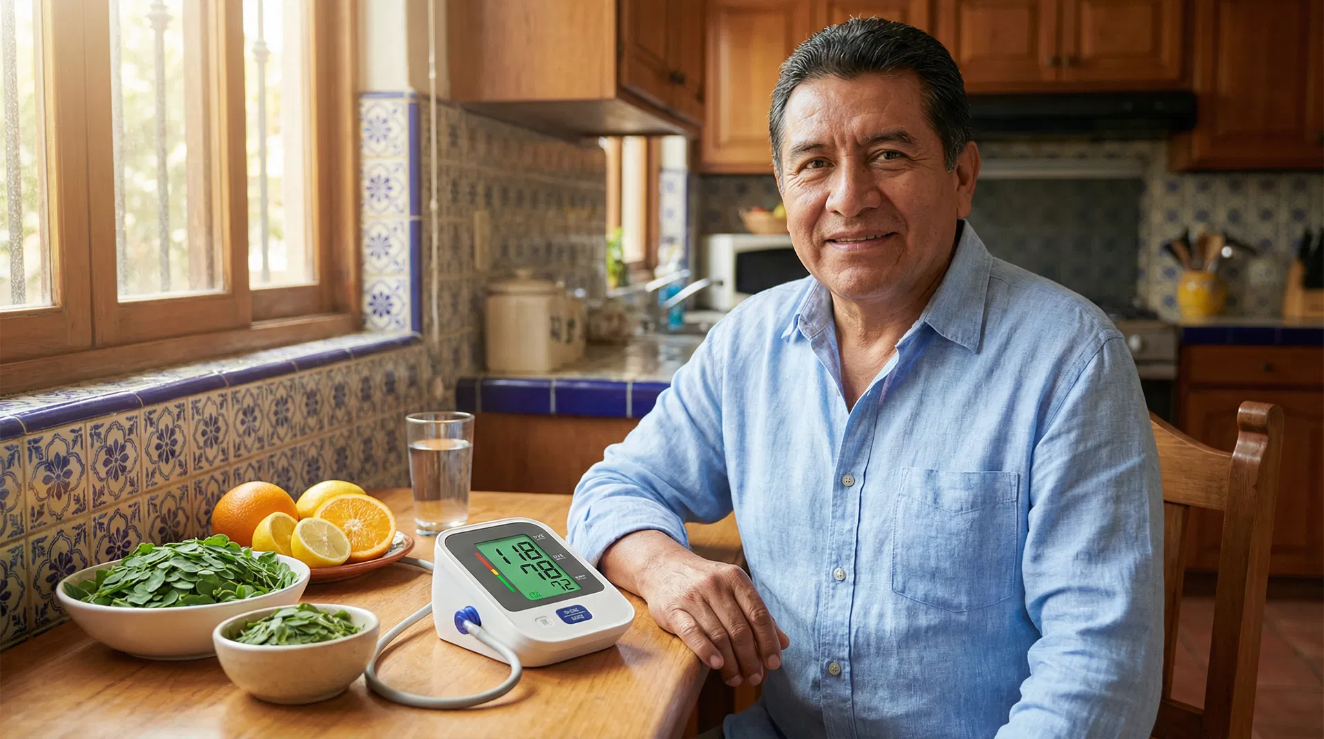 Hombre mexicano con tensiómetro mostrando presión normal, junto a moringa fresca y cítricos