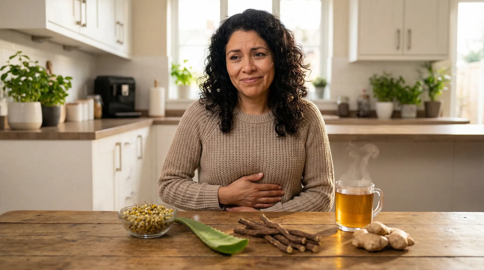 Mujer mexicana con gastritis frente a ingredientes naturales — manzanilla, aloe vera, jengibre