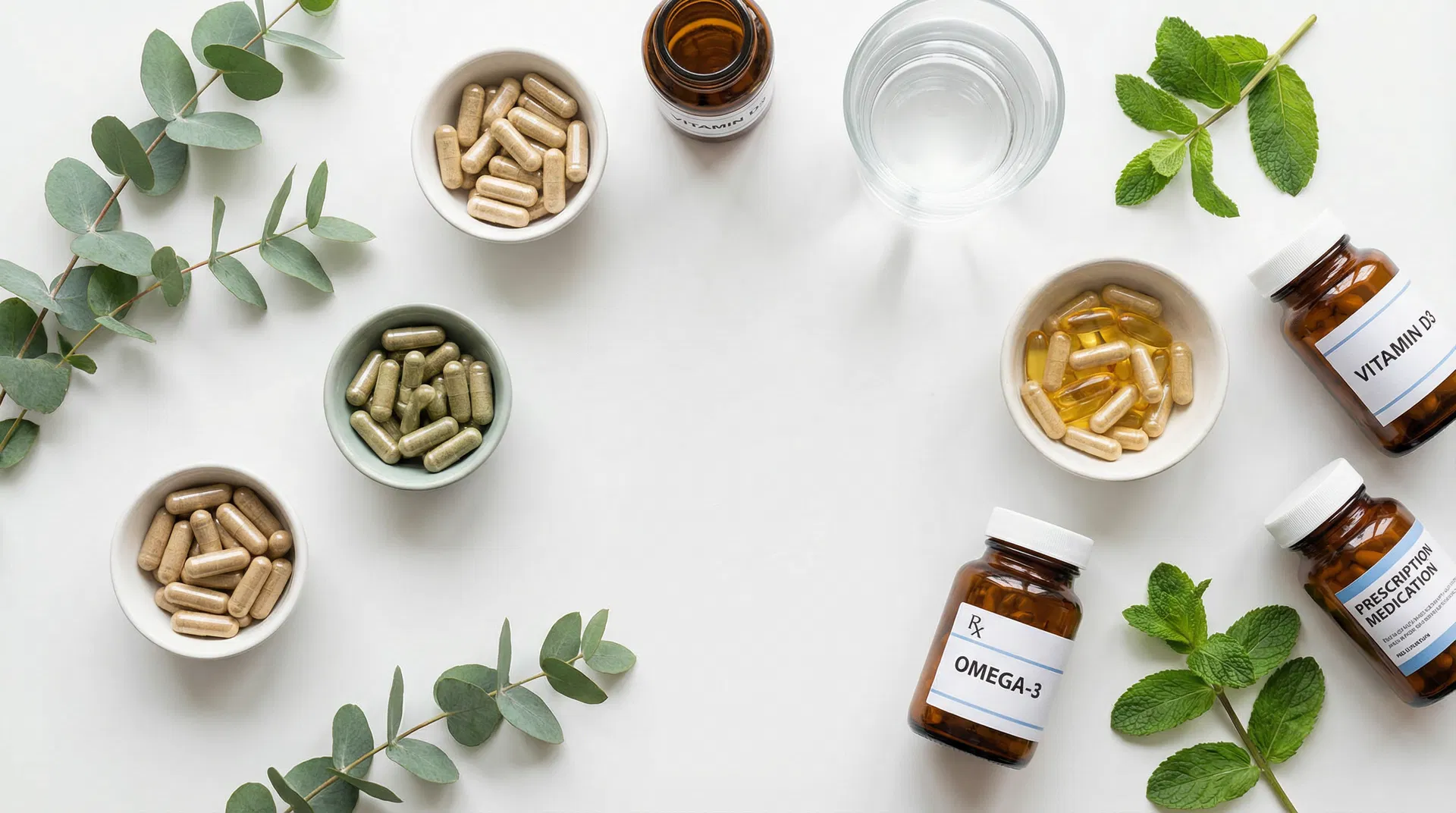 Suplementos naturales y medicamentos de prescripción sobre superficie blanca