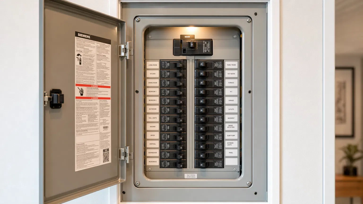 Open residential circuit breaker panel with labeled breakers in a Las Vegas home