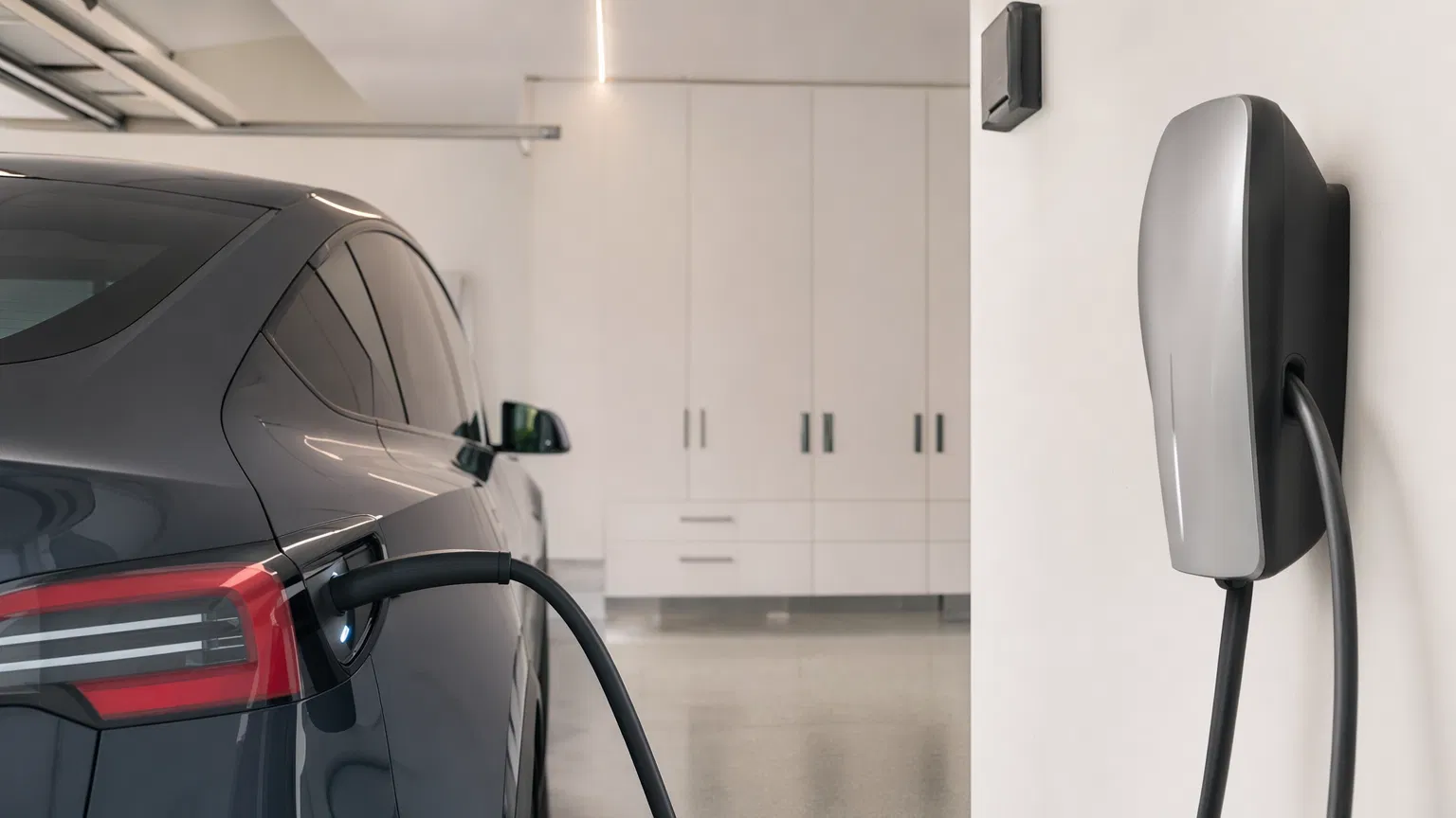 Electric vehicle charging in a clean Las Vegas garage with Level 2 wall charger