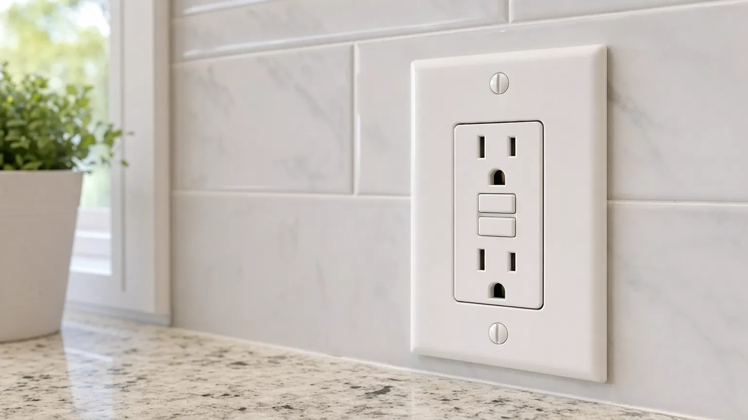 GFCI outlet with test and reset buttons installed on a kitchen backsplash in a Las Vegas home
