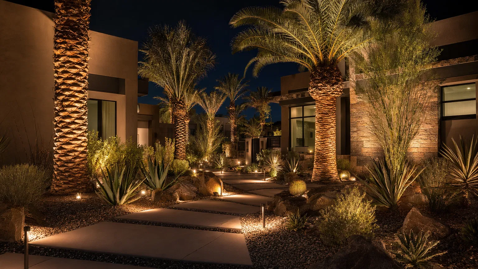 Beautiful desert landscaping at night with LED pathway lights and palm tree uplighting at a Las Vegas home