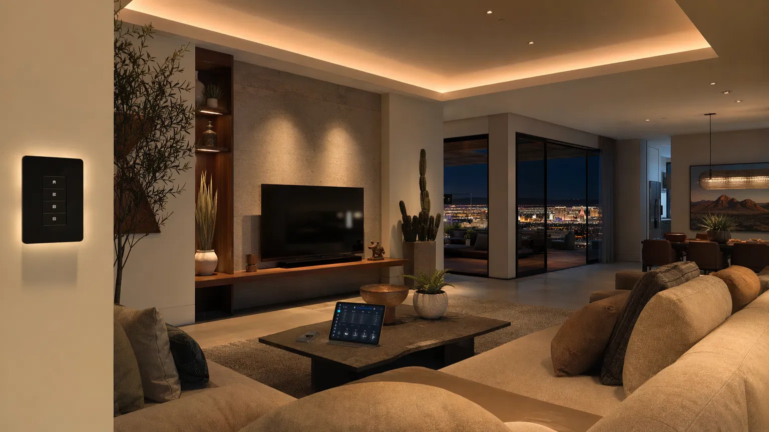 Modern Las Vegas living room with smart lighting and smart wall switch showing the Las Vegas Strip at night