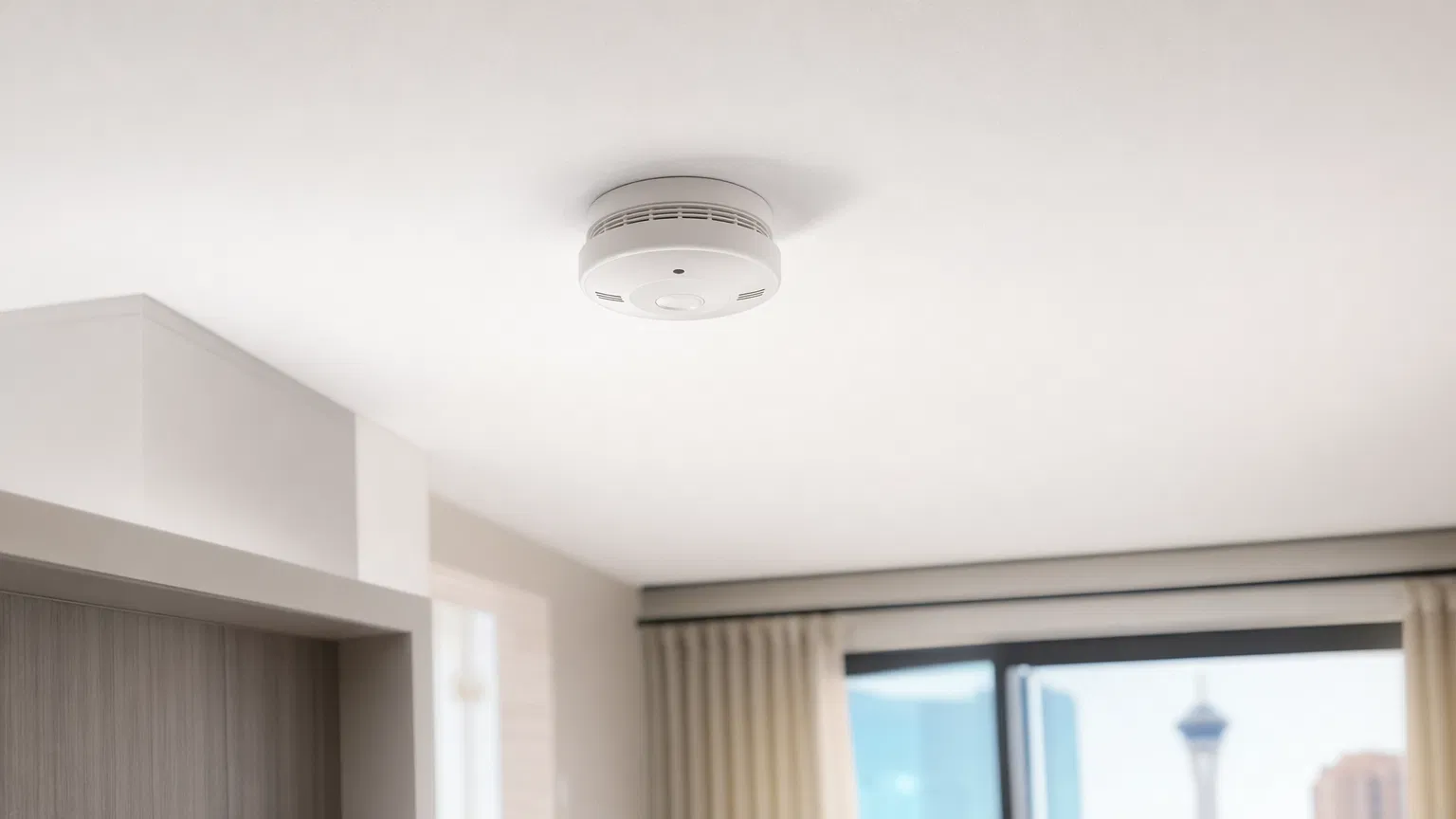 Hardwired smoke detector mounted on a white ceiling in a modern Las Vegas home