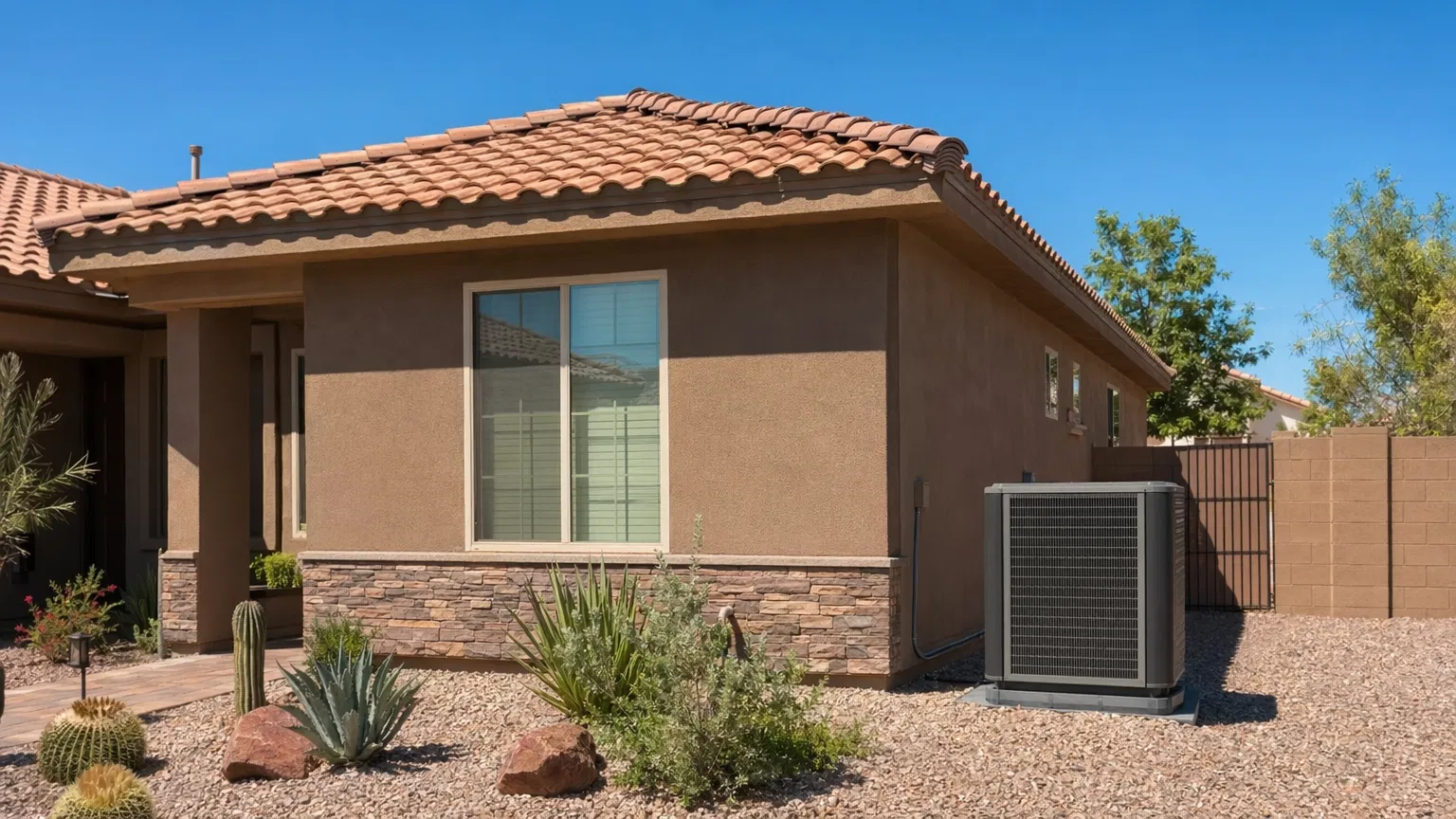 Las Vegas home exterior in summer heat with desert landscaping and air conditioning unit