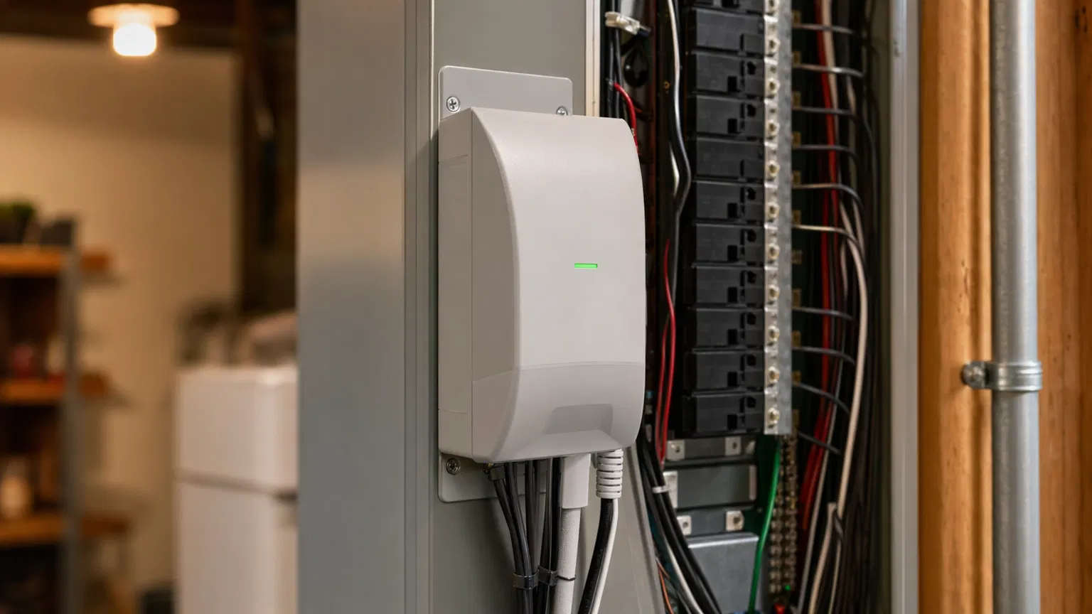 Whole-home surge protector mounted on a residential electrical panel in Las Vegas