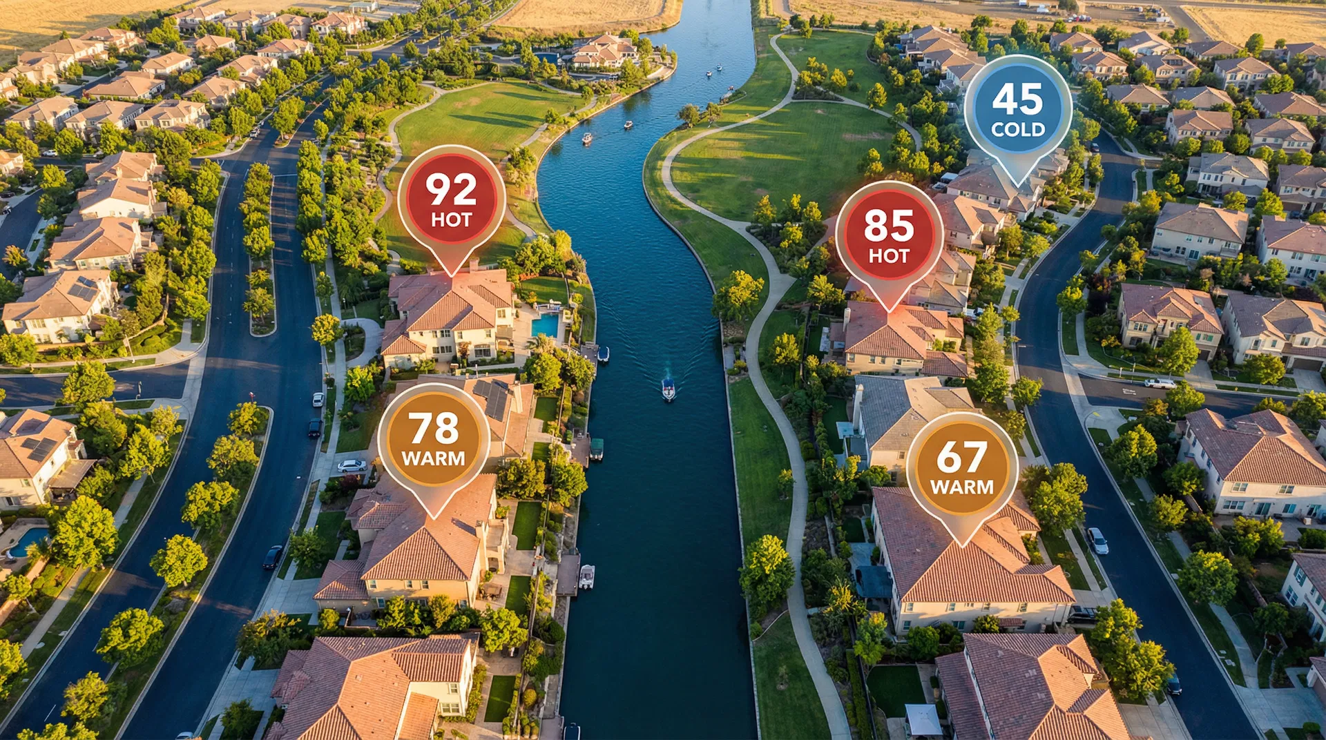 River Islands community aerial view with Sell Score pins