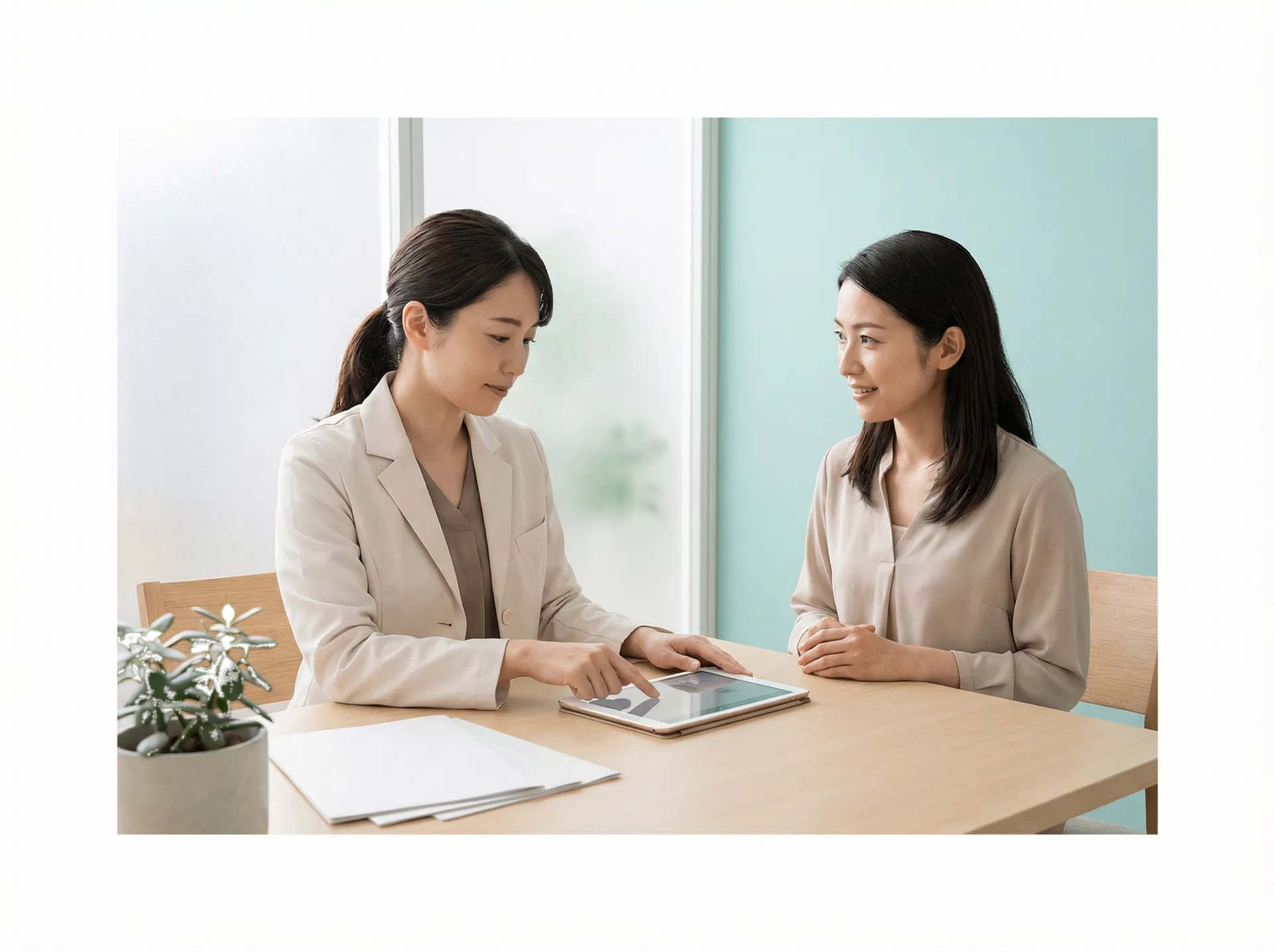 皮膚科で毛穴治療について相談する女性
