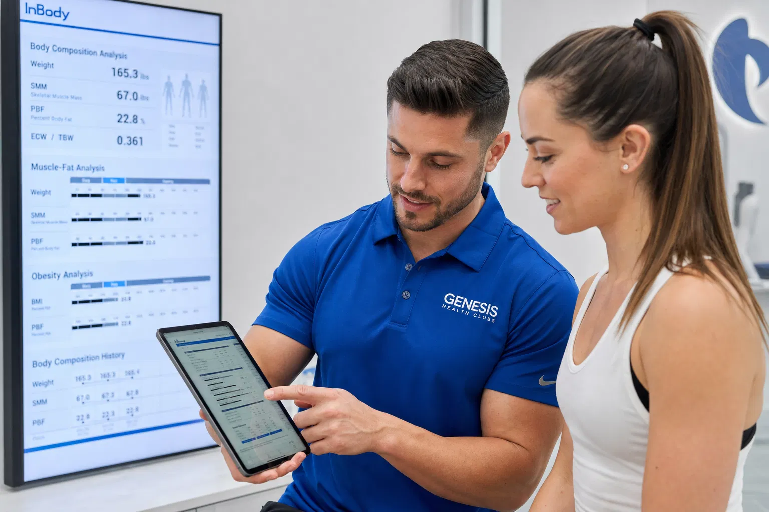 Genesis trainer reviewing body composition scan with client