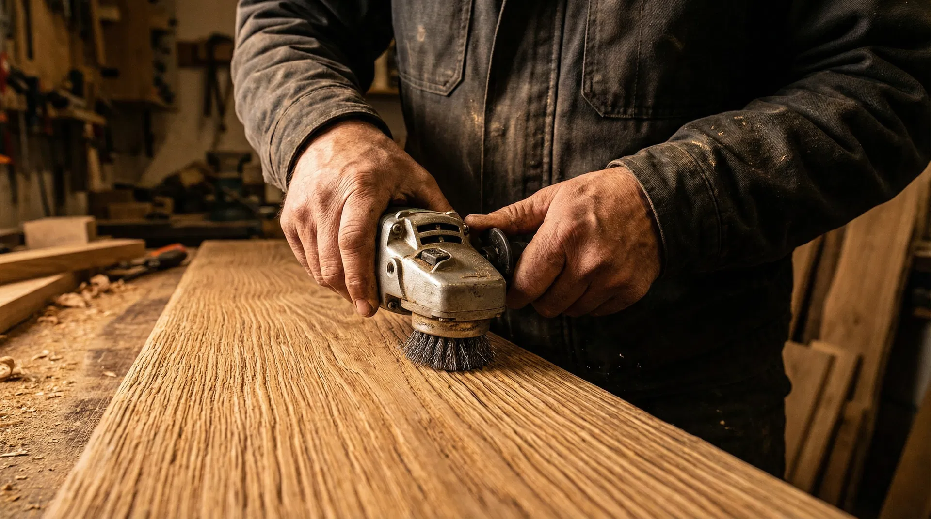 Schreiner bei der Arbeit mit Strukturbürste