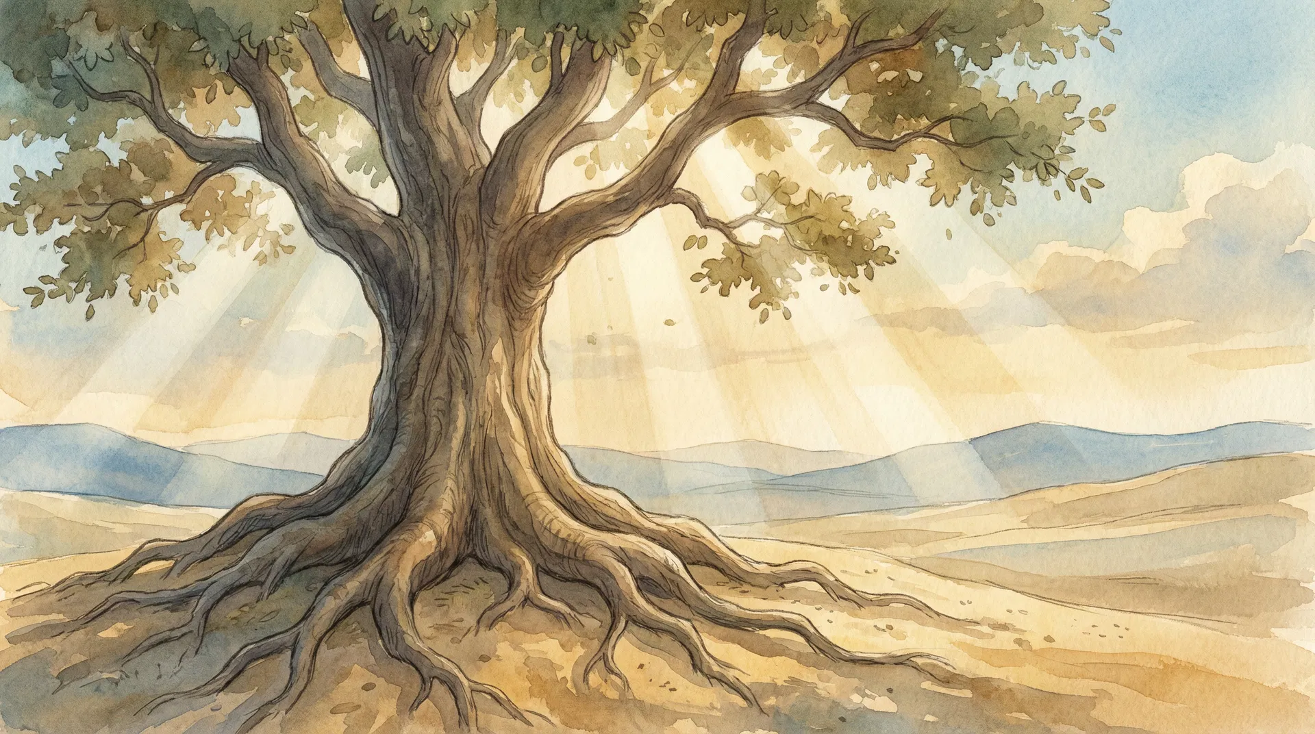 Aquarell Illustration: Baum mit tiefen Wurzeln