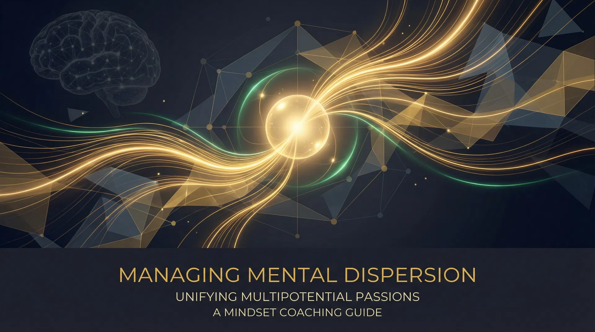 Fils dorés convergeant vers un point lumineux — métaphore de la structuration du génie multipotentiel